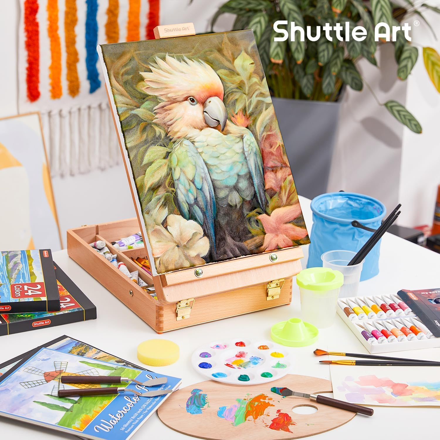 Shuttle Art 65 Pack Acrylic Paint Set with Wooden French Easel Box, Mixed Media Artist Art Set with 30 Colours, Blank Canvas, Brushes, Professional Painting Set for Adults, Teenagers image number 3