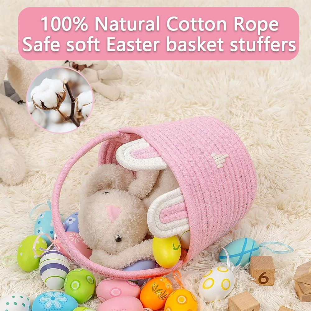 Bunny Basket Set for Kids & Babies &ndash; 2-Piece Handwoven Cotton Rope Easter Baskets with Ear Design &ndash; Soft & Safe for Egg Hunt, Ideal for Girls, Boys & Toddlers (Pink & White) image number 3