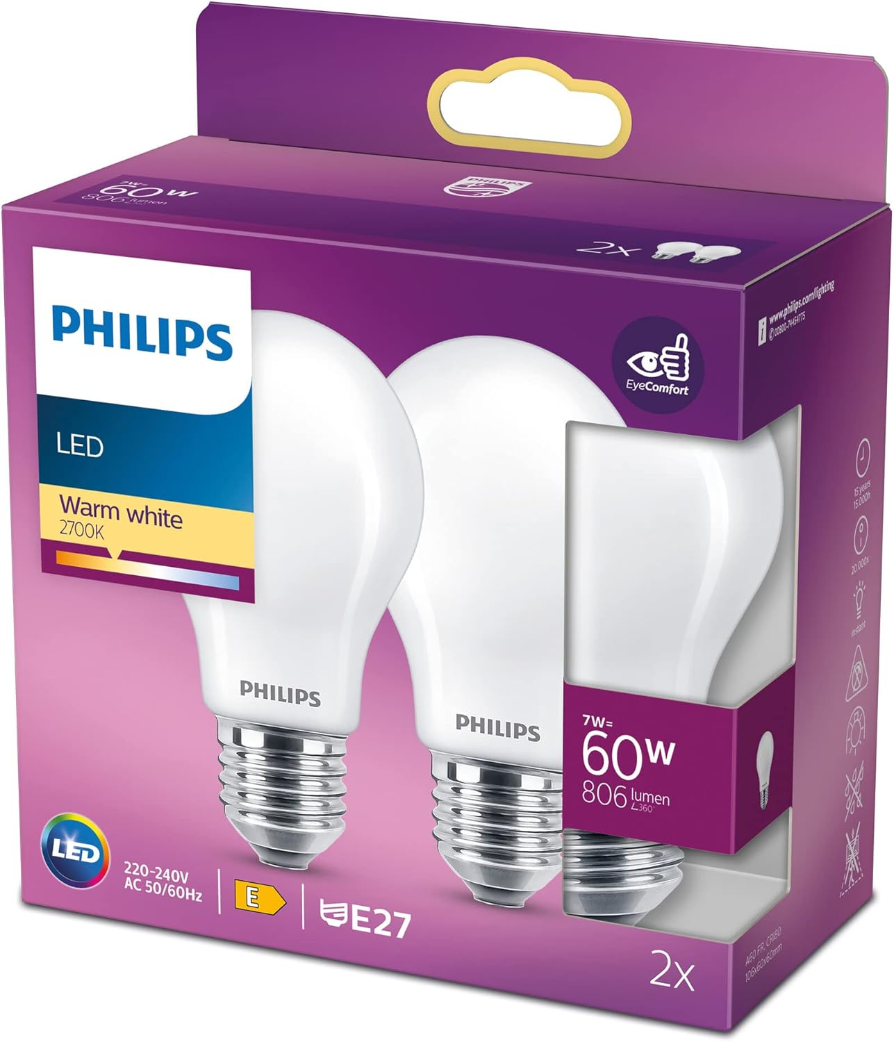 Philips LED Premium Frosted A60 Light Bulb [E27 Edison Screw] 4.5W - 40W Equivalent, Warm White (2700K), Non Dimmable image number 4