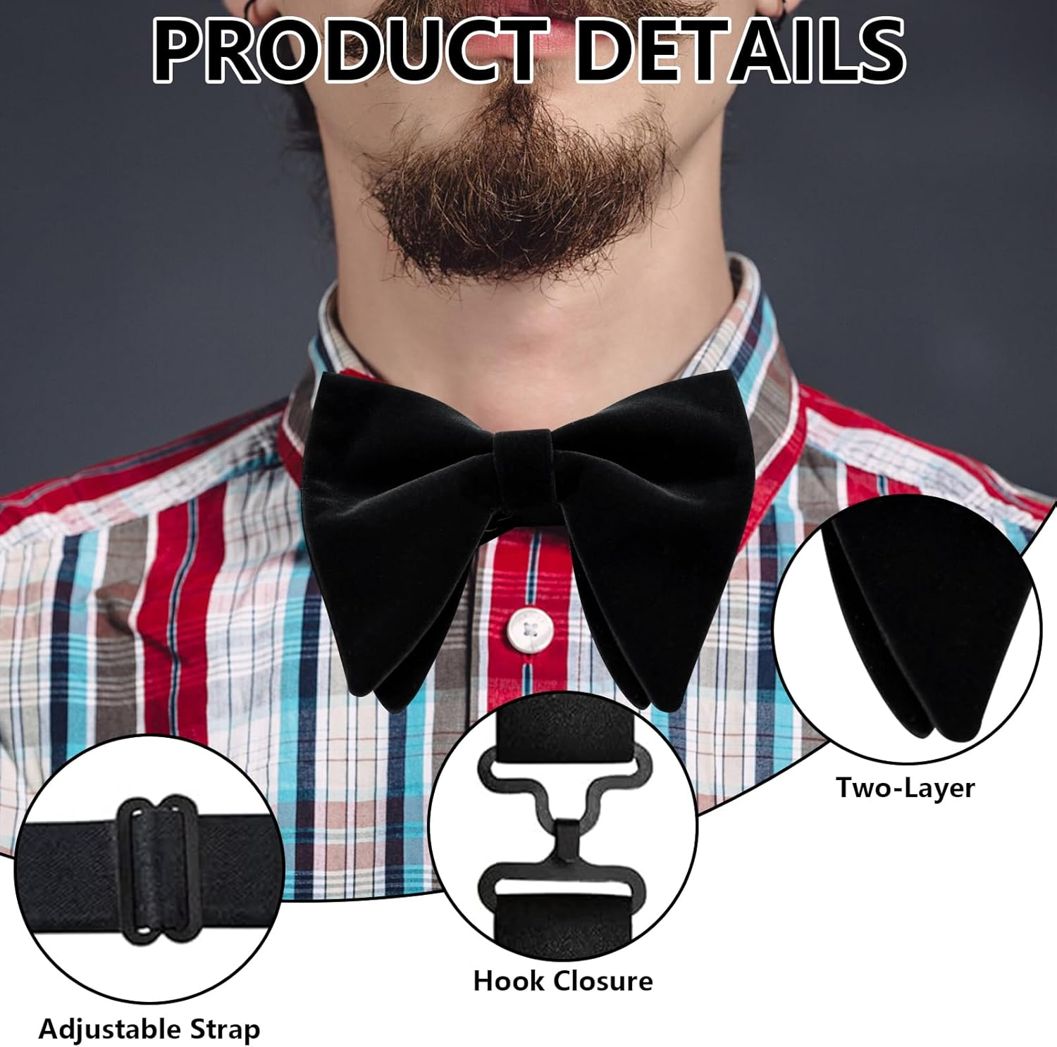 Domicubes Mens Velvet Bow Tie, Oversized Solid Color Pre-Tied Bow Tie Adjustable Formal Tuxedo Butterfly Big Bowtie for Birthday Groom Wedding Party Formal image number 2