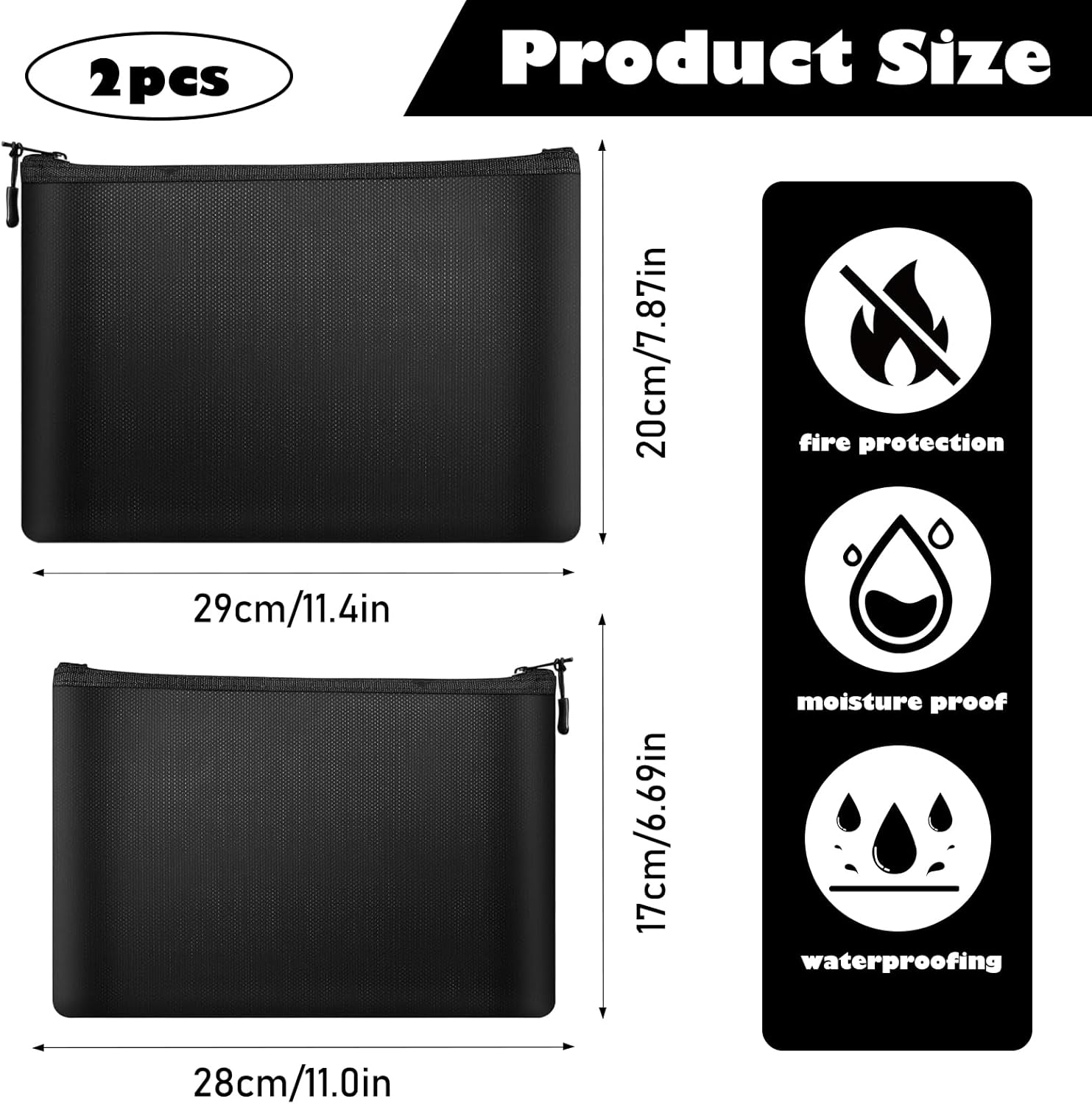 Fireproof Document Bag, Pack of 2 Fireproof Money Bag Waterproof Fireproof Bag 28 X 17 Cm 29 X 20 Cm Fireproof Bag for Documents Passport Bank File Money Valuables