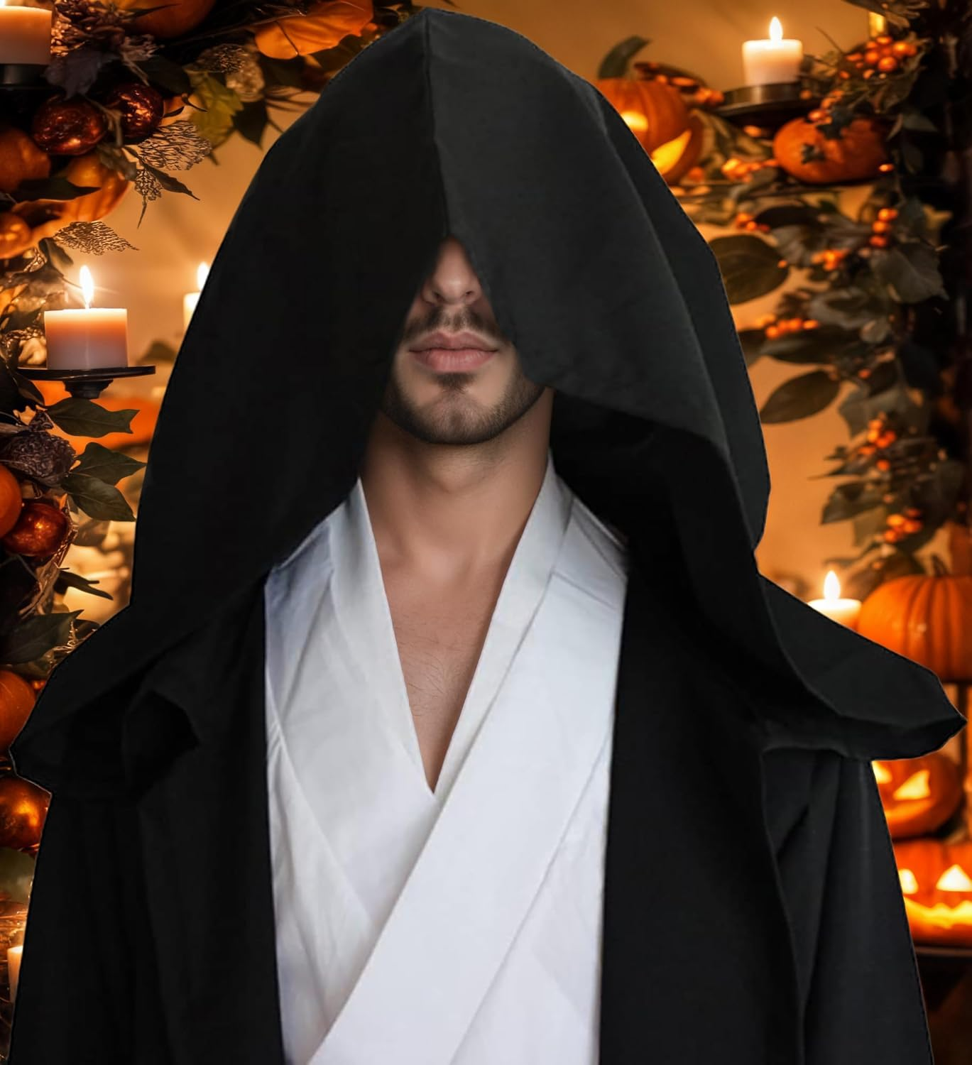 COSOUKE Hooded Cloak Halloween Medieval Costumes Wizard Robe Cape Men Knight Fancy Cool Cosplay Costume image number 6