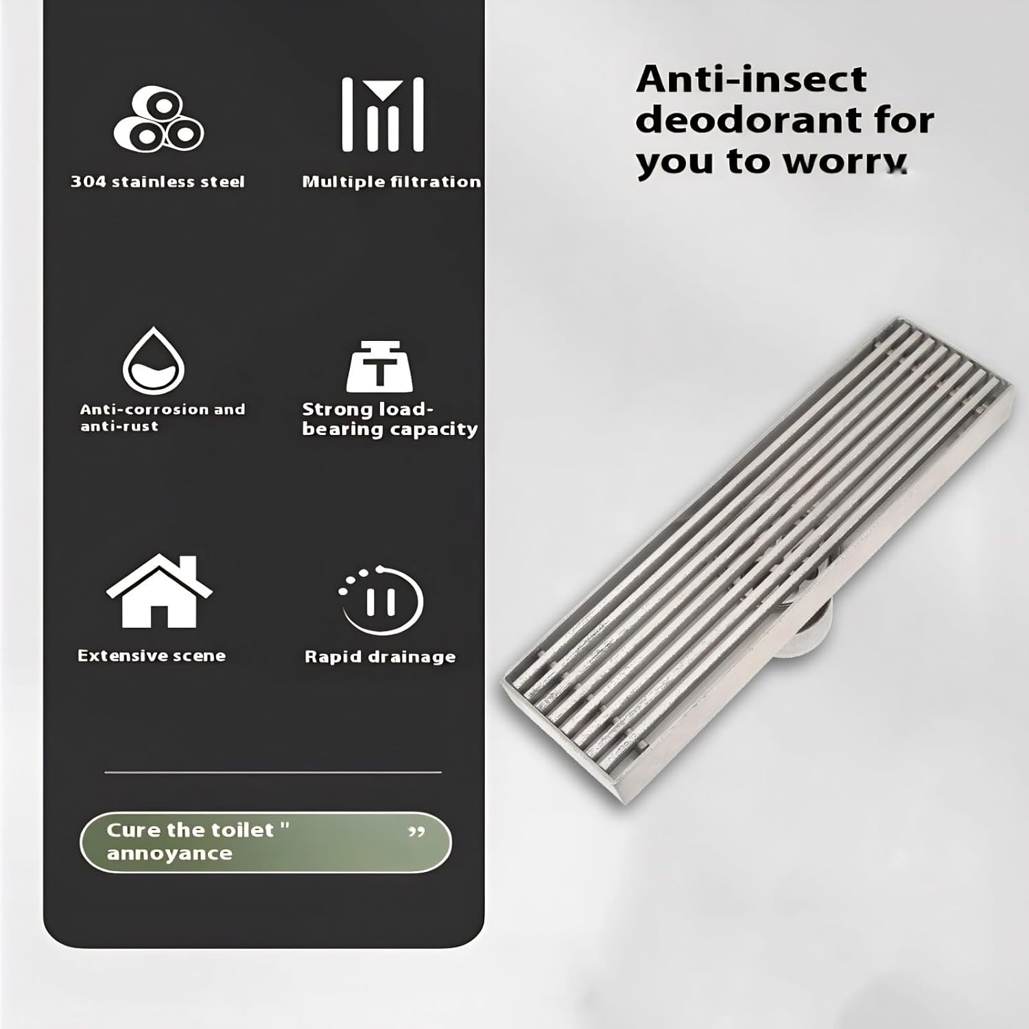 Linear Shower Drain Stainless Steel Hair Strainer Metal Floor Drain for Bathroom Kitchen Laundry Room Stainless Steel Linear Drain for 2.0In Pipe Bathroom Fixtures image number 1