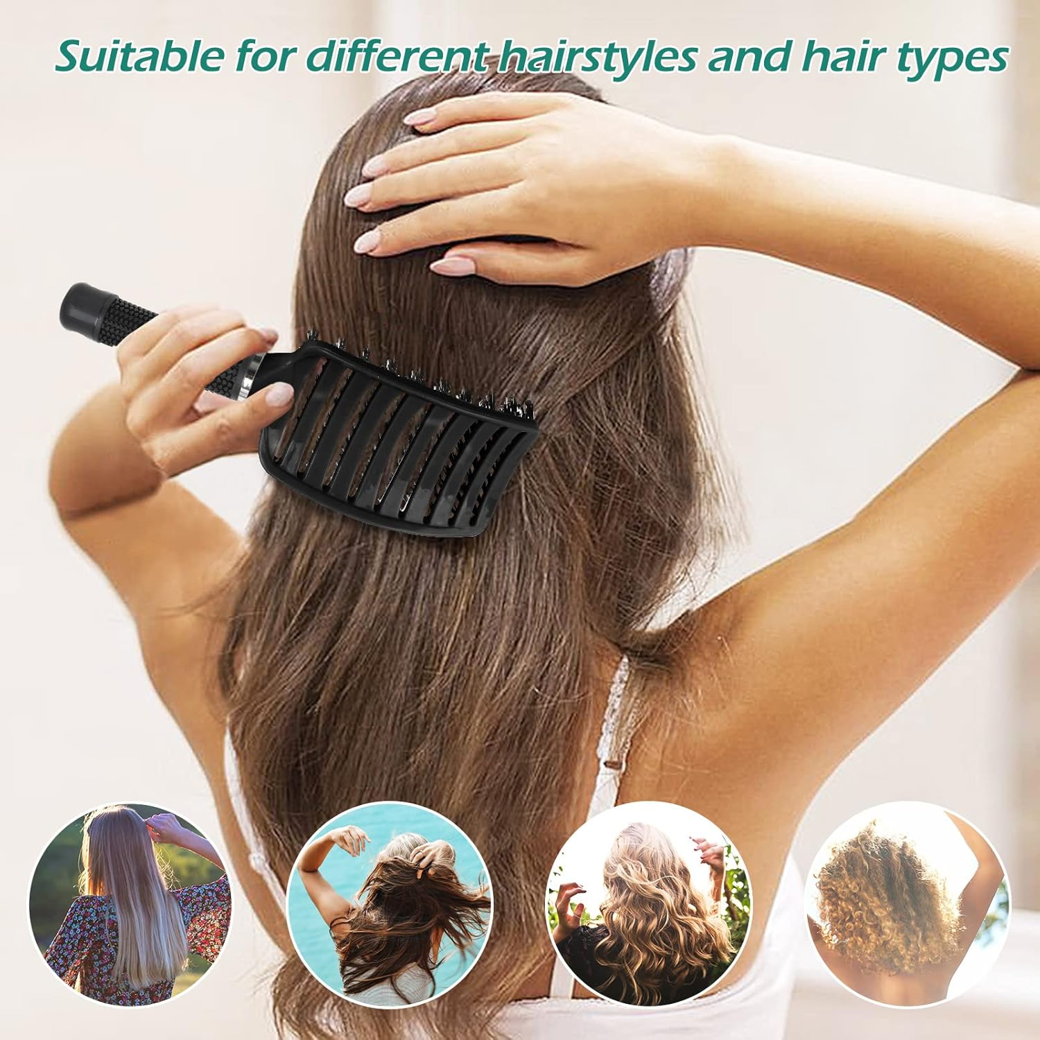Geeric Hair Brush, Boar Bristle Hair Brushes for Women Men Kids Paddle Detangler Hair Brush Curved Vent Styling Hairbrush for Wet Dry Curly Thick Hair Smoothing Massaging Detangling Black image number 5