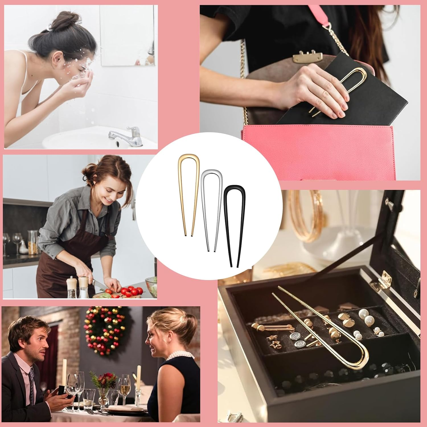 U Shape Hair Fork, 6 Pieces, Gold, Silver, Black, Elegant U Shape Hair Clips for Updo image number 3