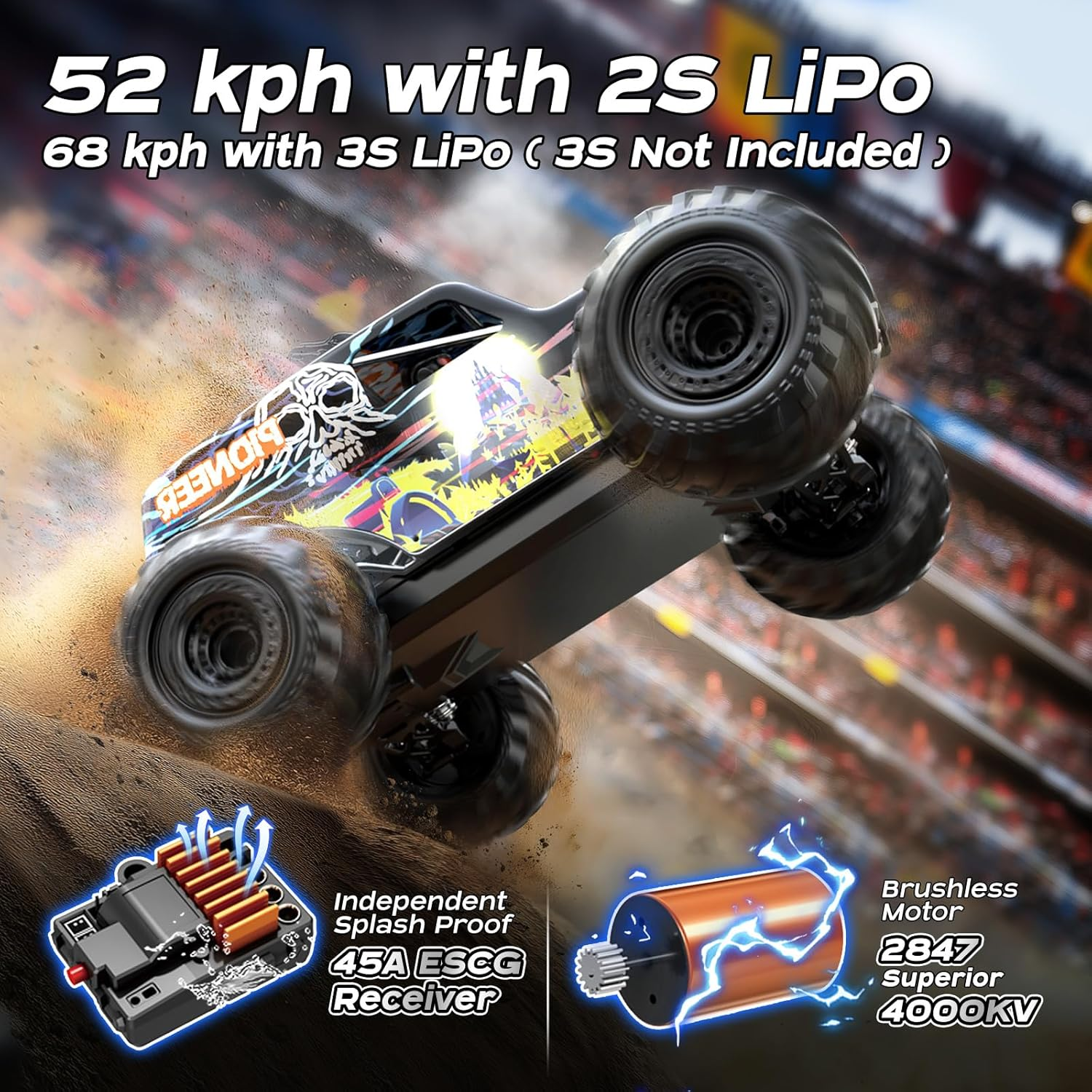 1/14 Brushless RC Cars for Adults, Max 68KM/H Oil Shock Absorber Electric 4WD High-Speed RC Car, Remote Control Cars for Adults RC Truck with Two 2S Lipo Batteries, Compatible with 3S Lipo