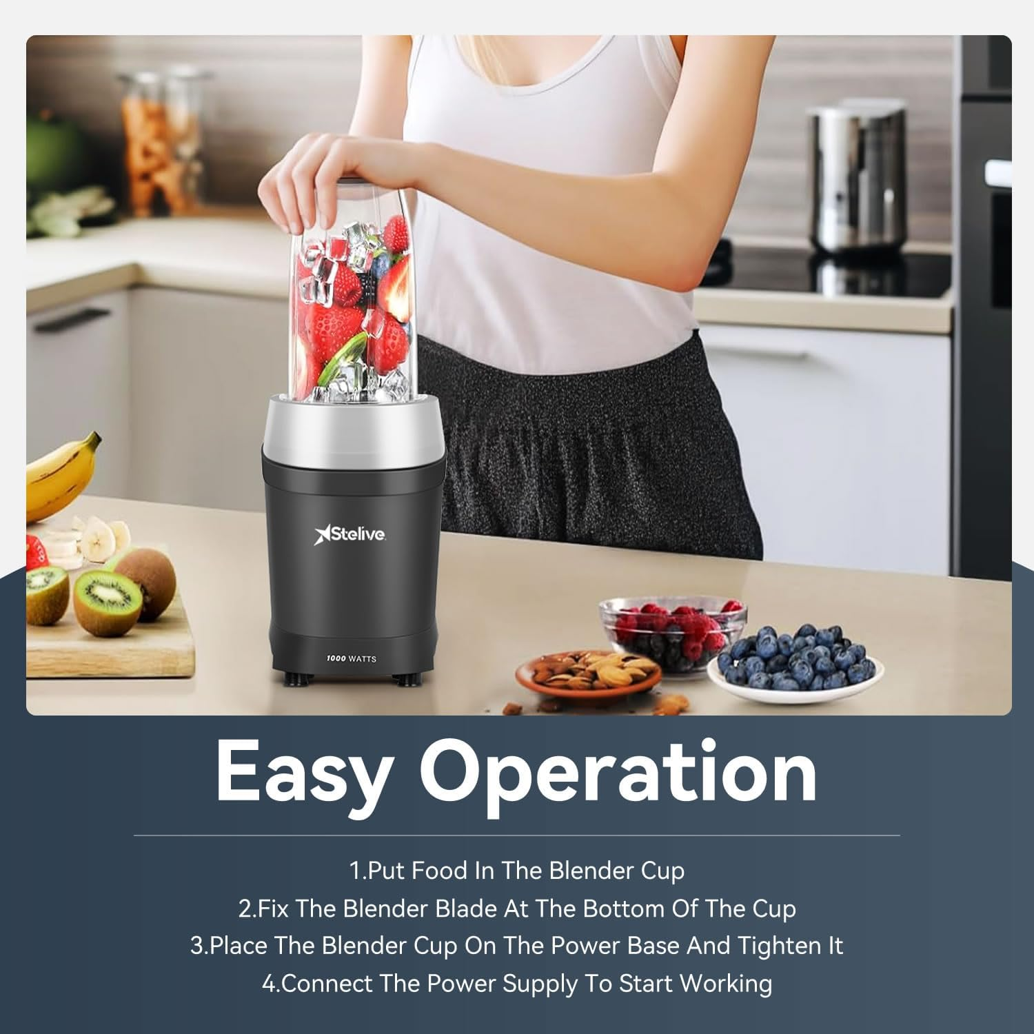 Stelive 1000W Electric Juice Blender Portable Blender Fresh Juice Mixer Smoothie Maker Electric Shakes Juicer Machine with 2 Cups & Portable Cup Lids for Outdoors Travel, Sports, Kitchen (Black) image number 6