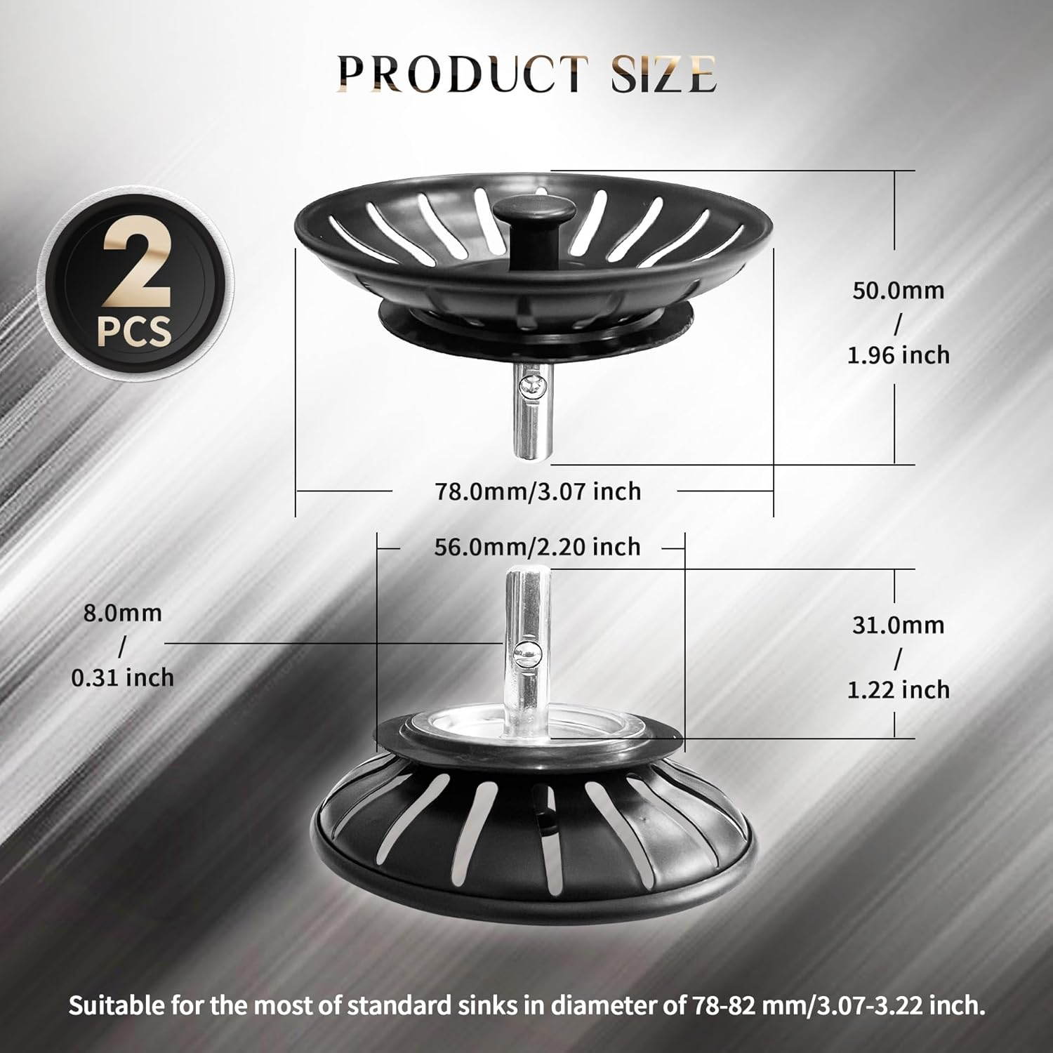 2 Pack Kitchen Sink Plug and Strainer,304 Stainless Sink Strainer Plug(Thickened Version),For Kitchen or Bath Shower Basin Tray Prevent Blocked Drains and an Unpleasant Odor in the Kitchen-Black 78Mm image number 2