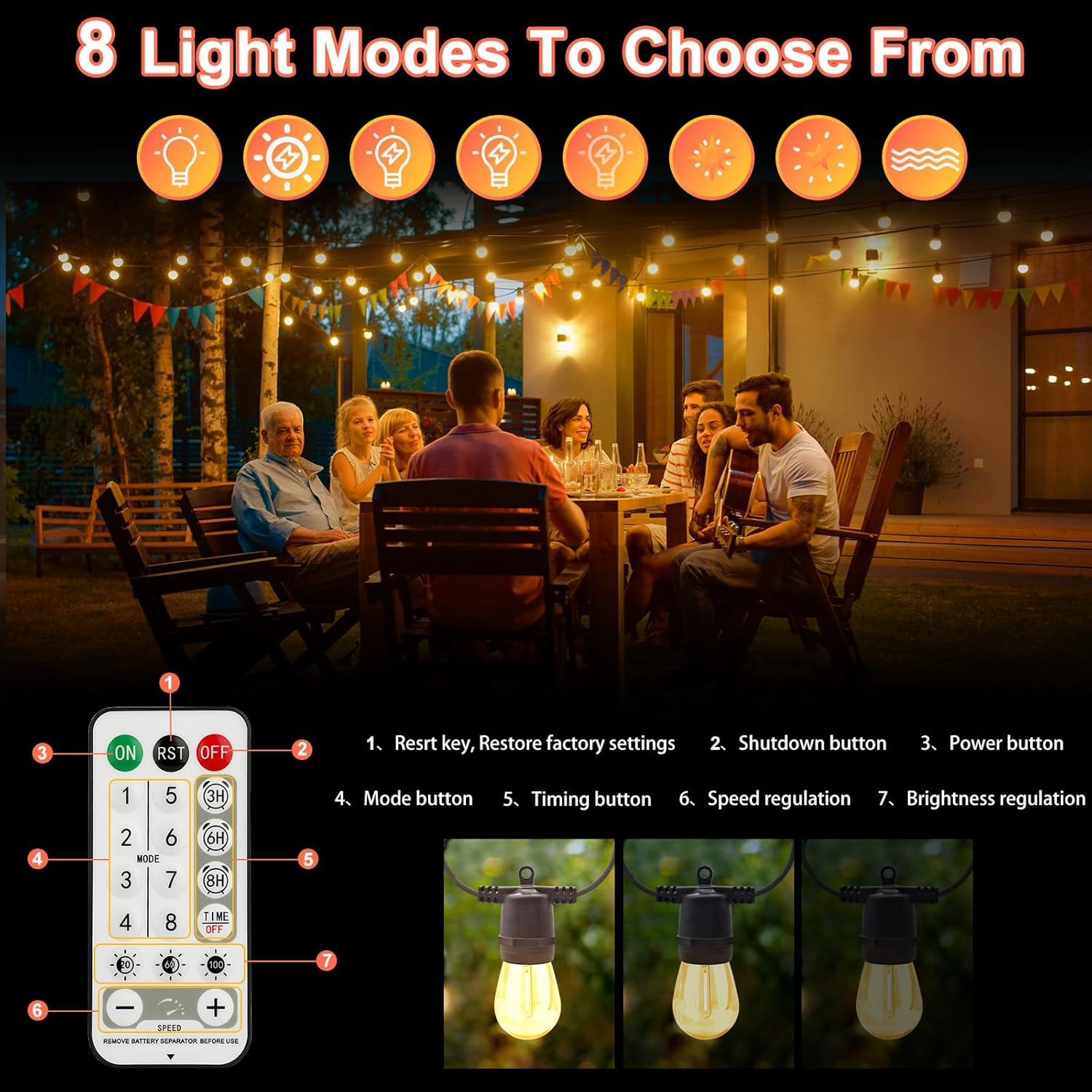 35M Solar String Lights Outdoor with 30 S14 Leds & 2 Spares, 48Hrs 7200Mah, Usb/Solar Charging, 8 Modes Remote, IP65 Waterproof, 2 Installation for Garden image number 4