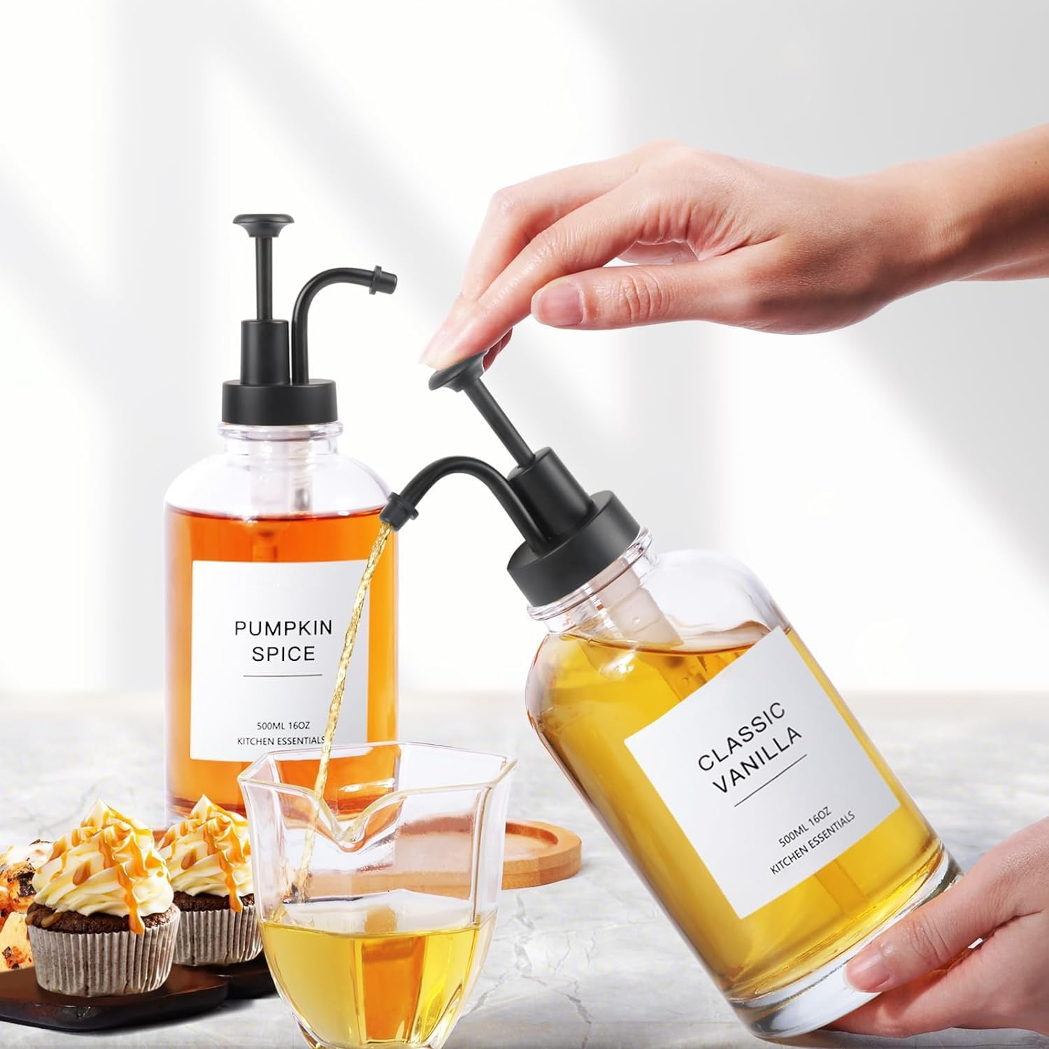 Syrup Dispenser, Coffee Syrup Dispenser for Coffee Bar, Simple Glass Syrup Bottle and Bamboo Tray, Syrup Pump Dispenser 16.9 Oz 500 Ml, Set of 2, Gold, Coffee Bar Accessory - Silver image number 3