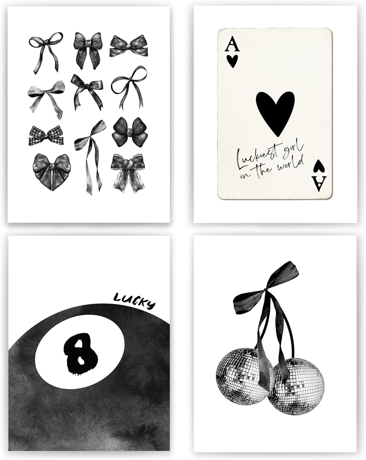 Okaxscm Light Blue Coquette Trendy Preppy Wall Art Prints Set of 4,Coquette Preppy Room Decor,Blue Bow Disco 8 Ball Cherry Wall Decor Posters for Girls Bedroom Dorm,12X16 Unframed