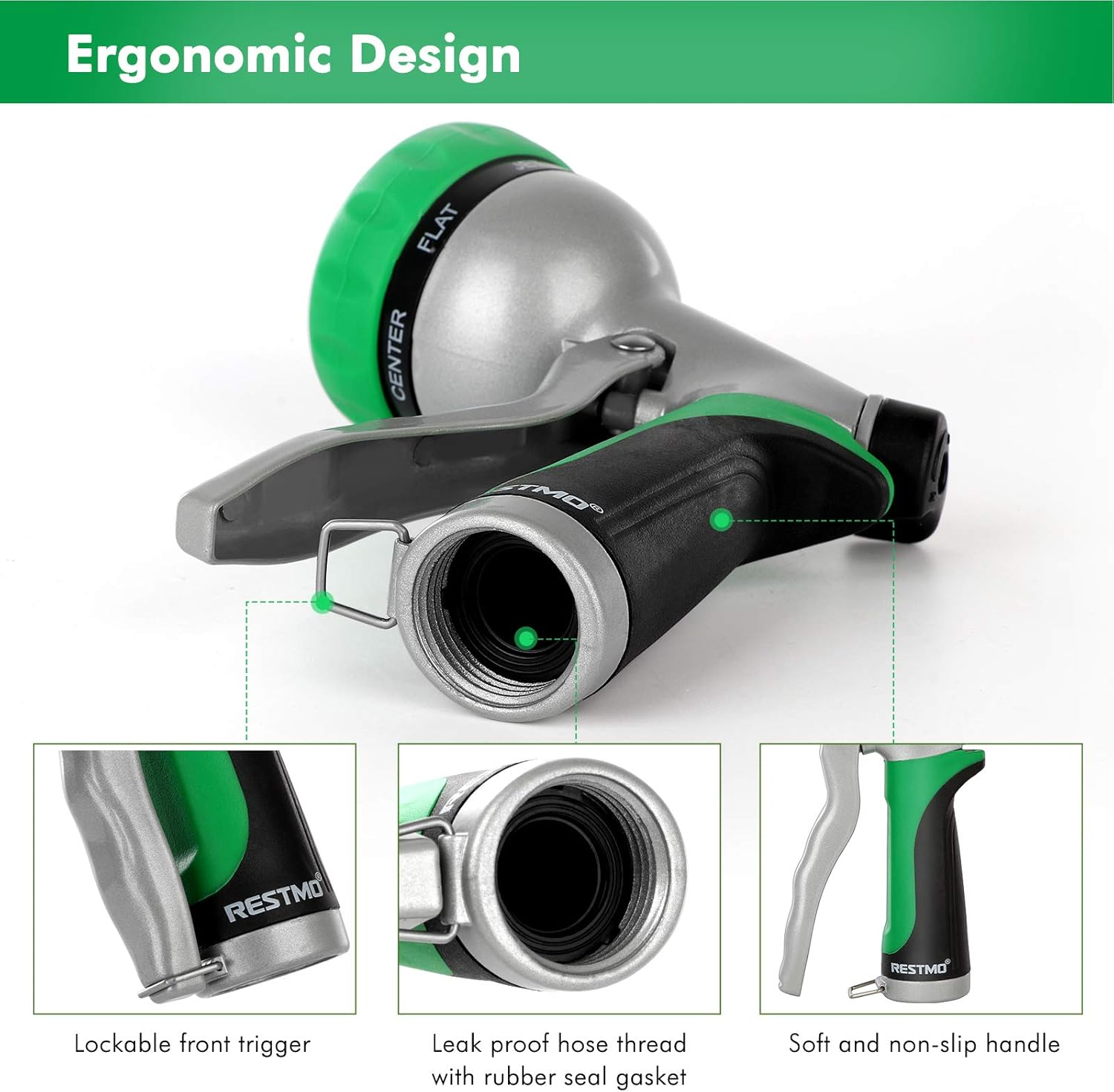 RESTMO Garden Hose Nozzle, Heavy Duty Garden Hose Spray Gun, High Pressure Hand Nozzle, Metal Water Sprayer with 7 Patterns and Flow Control, Ideal to Water Plant & Lawn, Wash Car & Pet, Green image number 6