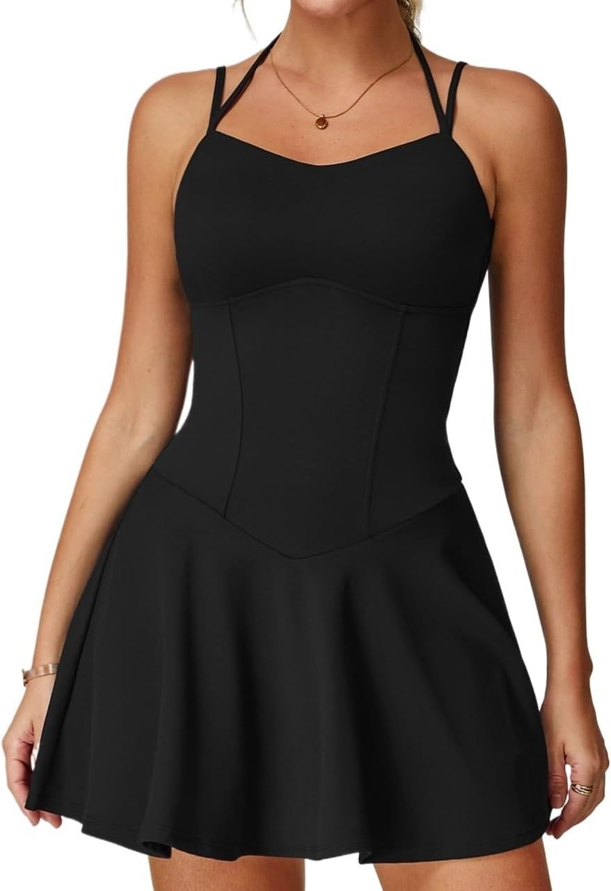 Tummy Control Tennis Dress for Women Backless Spaghetti Strap Active Dresses with Built-In Shorts and Bra