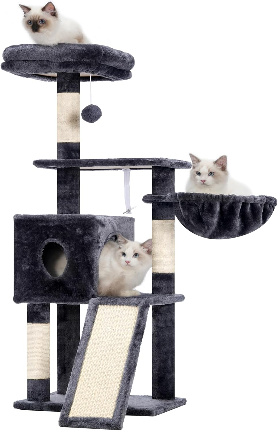 Hey-Brother Cat Tree, 42.5-Inches Cat Tower for Indoor Cats, Plush Multi-Level Kitten Cat Condo with Scratching Post,Ramp, Basket, Spacious Cat Cave, Hanging Ball, Light Gray MPJ007SW