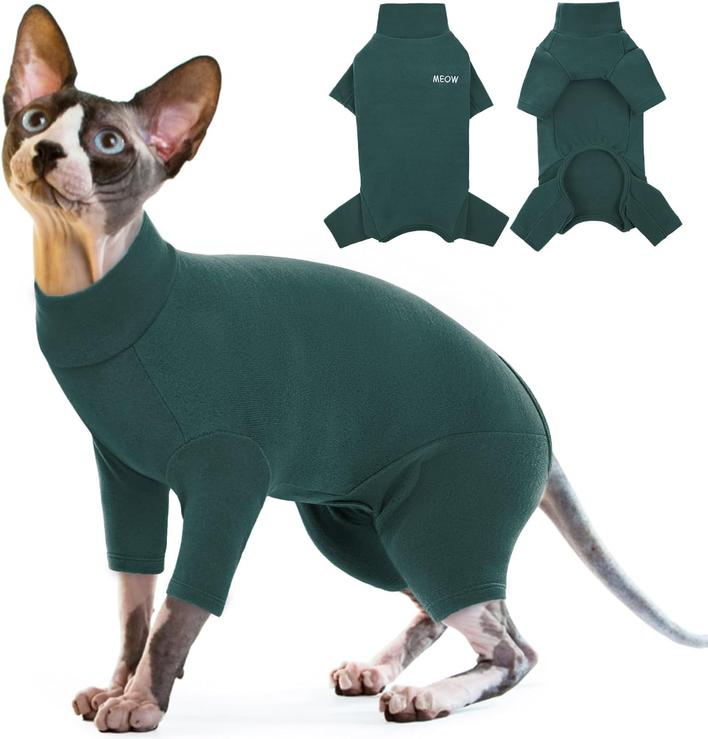 Cat Onesie, Cat Recovery Suit Kitten Clothes Extra Small Kitten Recovery Suit(Dark Green, XS)