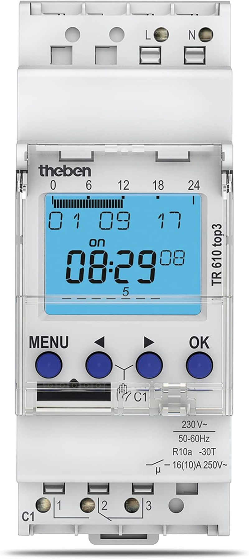 Theben 6100130 TR 610 Top3 - Digital, 1 Channel Time Switch with Weekly Program, App Programmable, Perfect for LED, DIN Rail, Timer image number 2