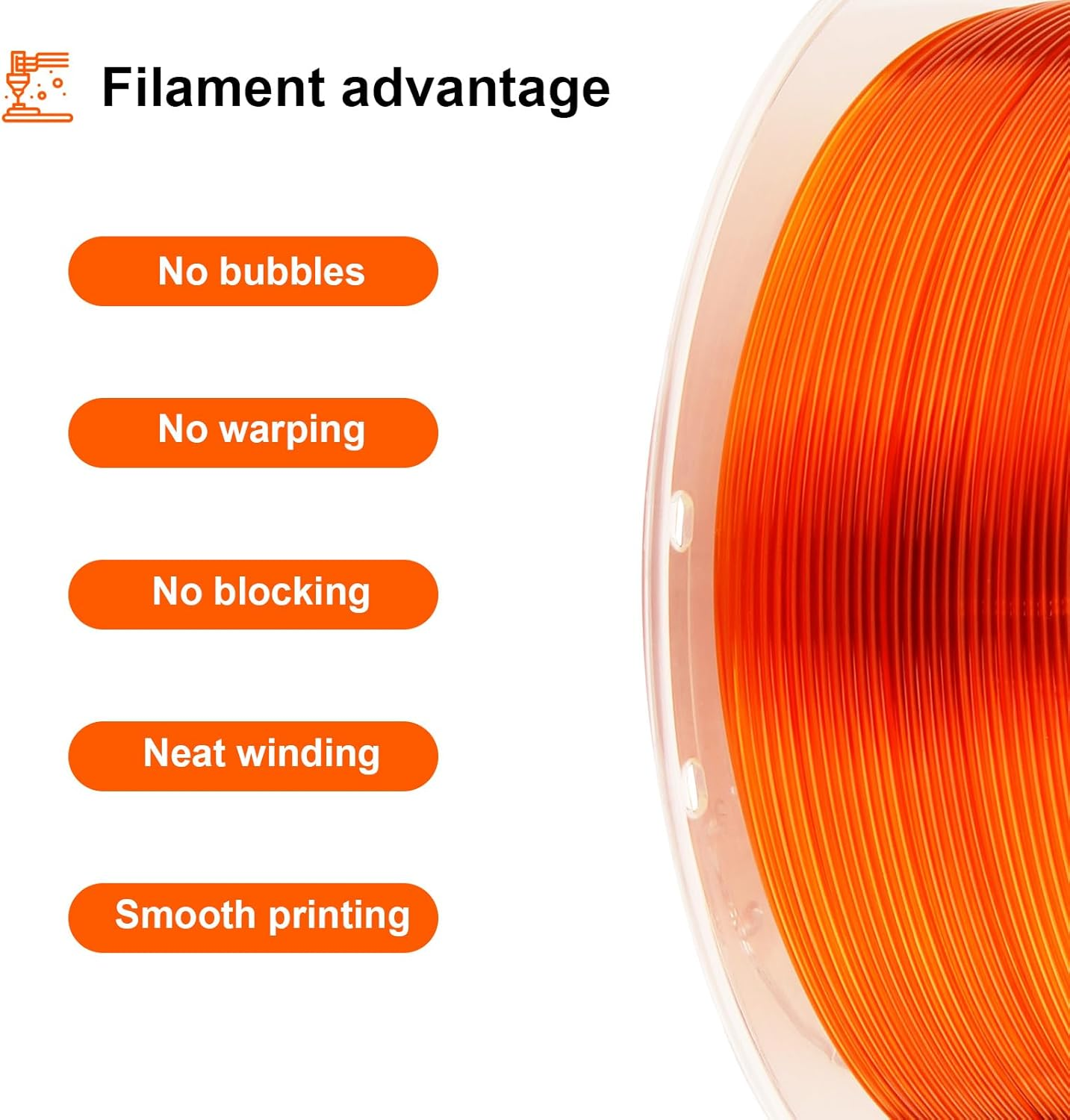 LVVJ3D Transparent Clear PETG 3D Printer Filament, Easy to Print Clear Orange PETG Filament 1.75Mm, Clean Wound Dimensional Accuracy +/-0.03Mm, 1Kg/Spool