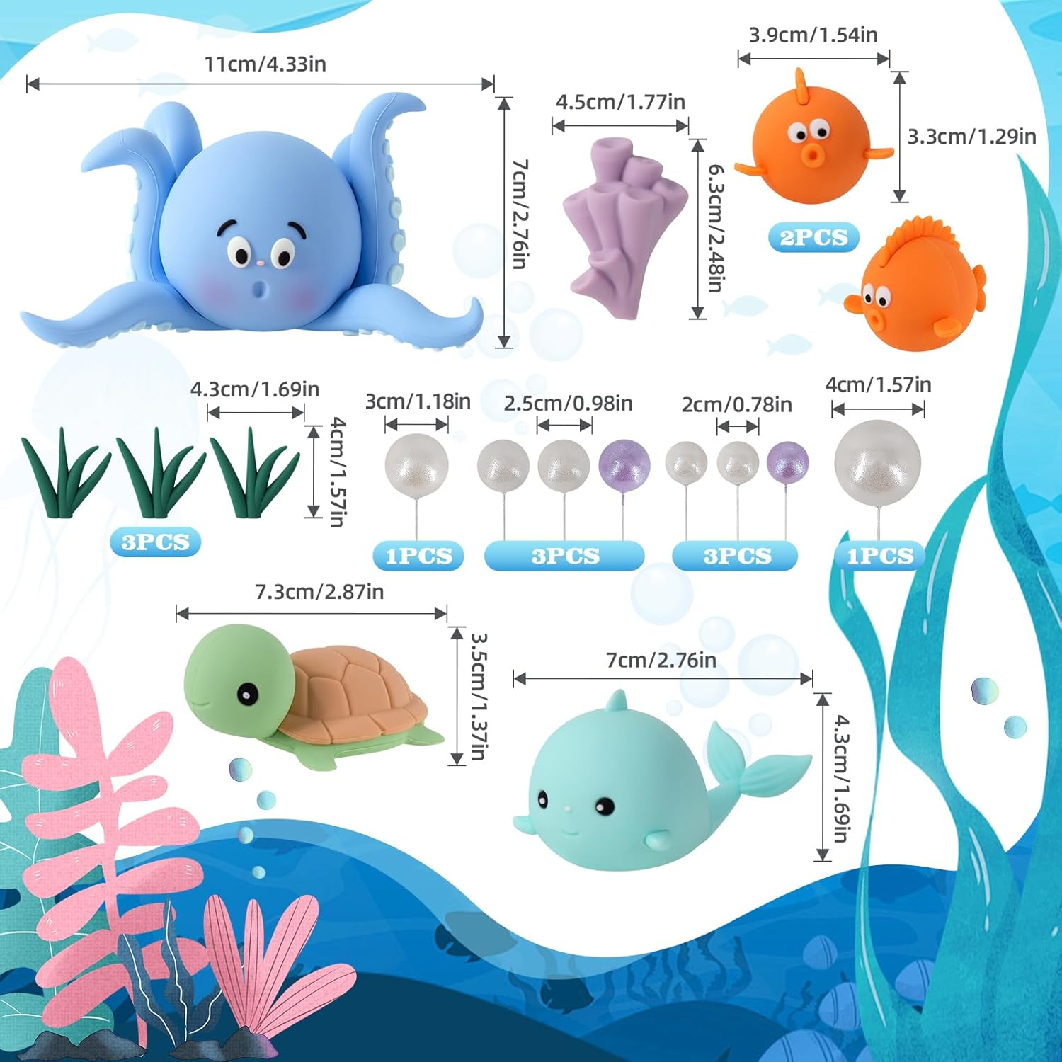 17 PCS under the Sea Cake Decorations Ocean Animals Cake Topper with Cake Balls Decorations for under the Sea Theme Boys Girls Baby Shower Birthday Party Supplies image number 5