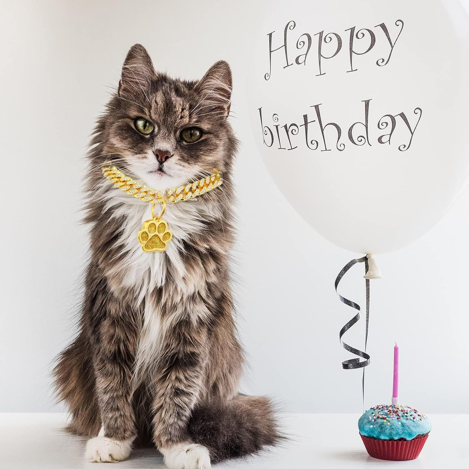 Cat Collar Diamond Chain Glitter Collar Walking Metal with Secure Buckle Cat Pet Necklace with Paw Charm Bell Link Cuban Jewelry Accessories(8 Inch,Gold)