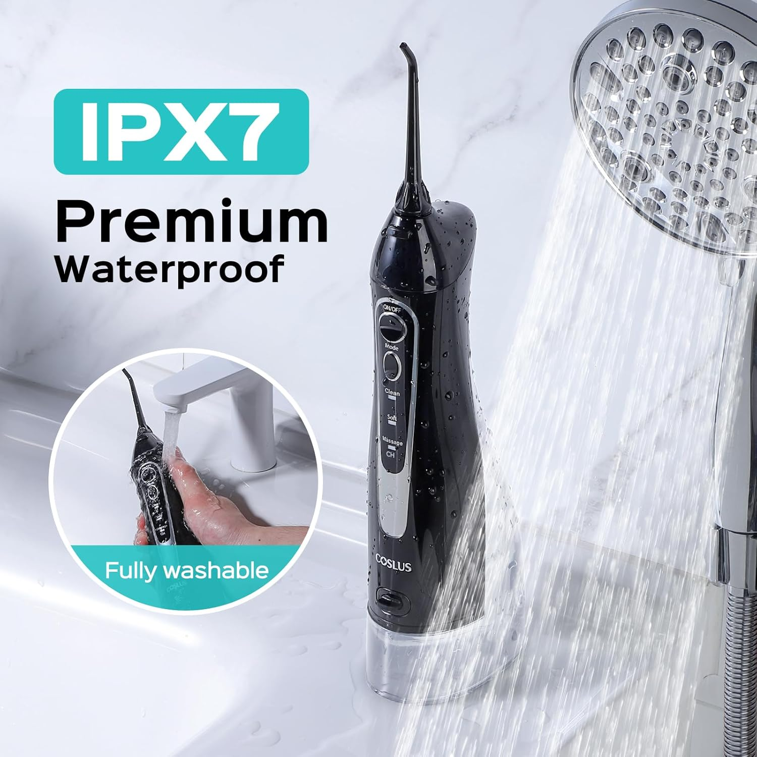 COSLUS Professional Cordless Water Flosser for Teeth, Braces, Gums Care - Daily Deep Cleaning, Rechargeable, Portable for Travel, Waterproof, 300Ml, Bpa-Free, Black, C20 - Black(Transparent Water Tank) image number 2