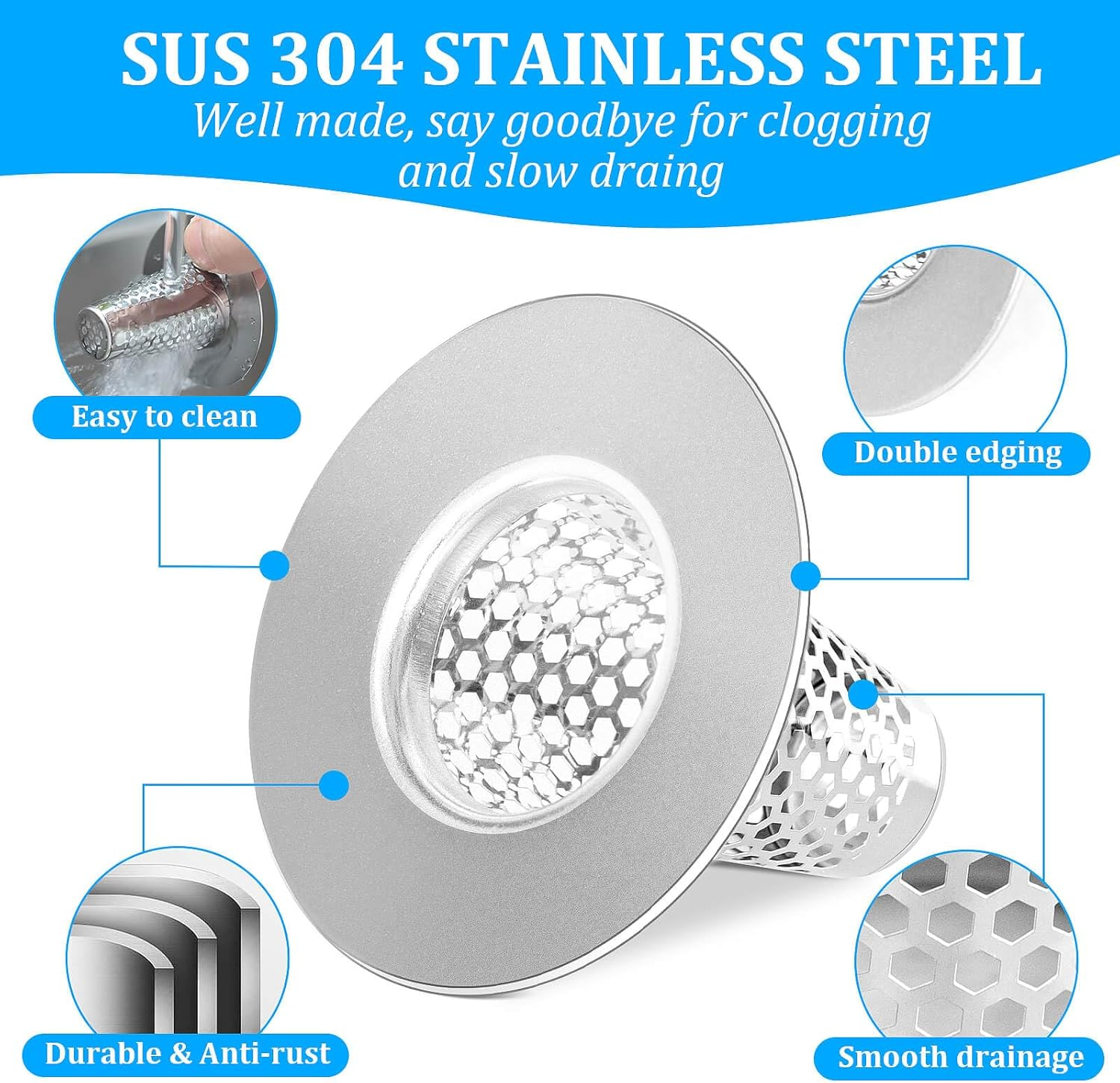 Dayker 3PCS Bathroom Sink Drain Strainers, Stainless Steel Hair Catcher, Cone Shaped Floor Drain Replacement Fit Hole Size 1.2"-1.6", for Laundry Floor Drain, Bathtub, Kitchen Slop Basket Filter Trap image number 2