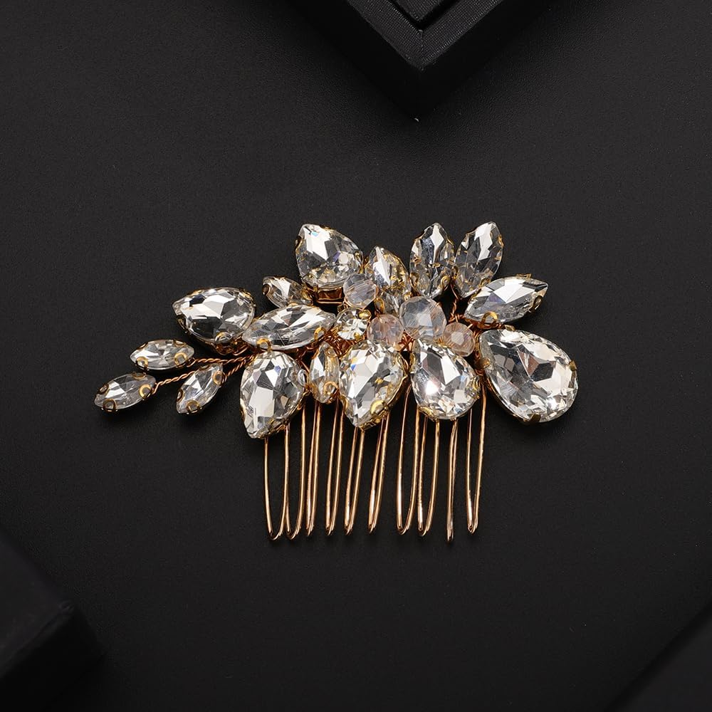 Teyglen Crystal Bridal Rhinestone Hair Comb Headpiece with Sparkly Rhinestones for Women and Girls (Gold) - Gold image number 3