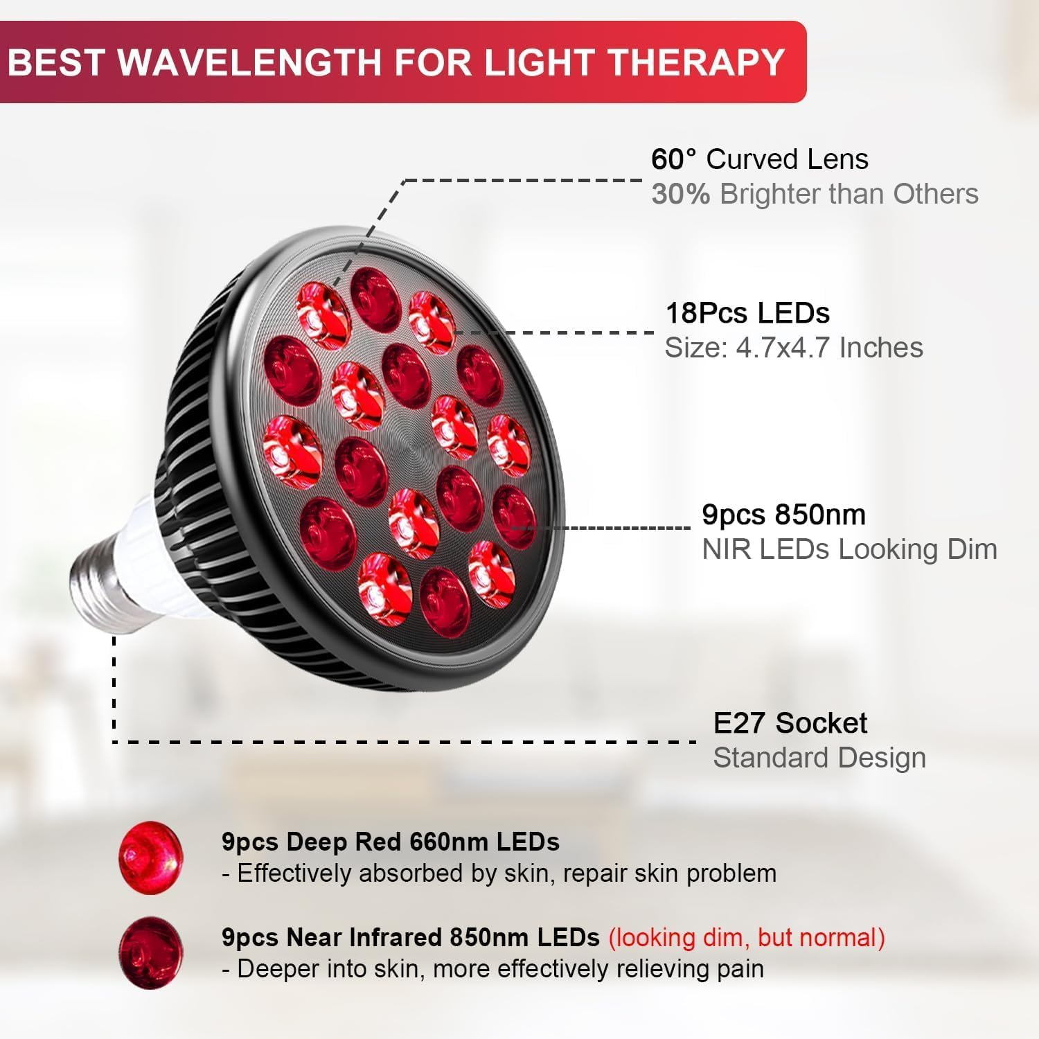 Gala Tech Red Light Therapy Device with Adjustable Stand - Detachable 54W High Power Red Lamp with 660Nm & 850Nm Near-Infrared Combo Wavelength Bulb with Adjustable Stand. Infrared Light Device for Men and Women