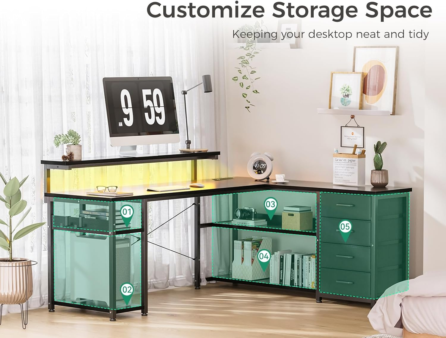 ODK L Shaped Desk with 4 Drawers, Corner Gaming Desk with LED Lights & Power Outlets, Reversible Home Office Computer Desk with Monitor Shelf,135 * 112.1 * 91.2Cm, Black image number 3