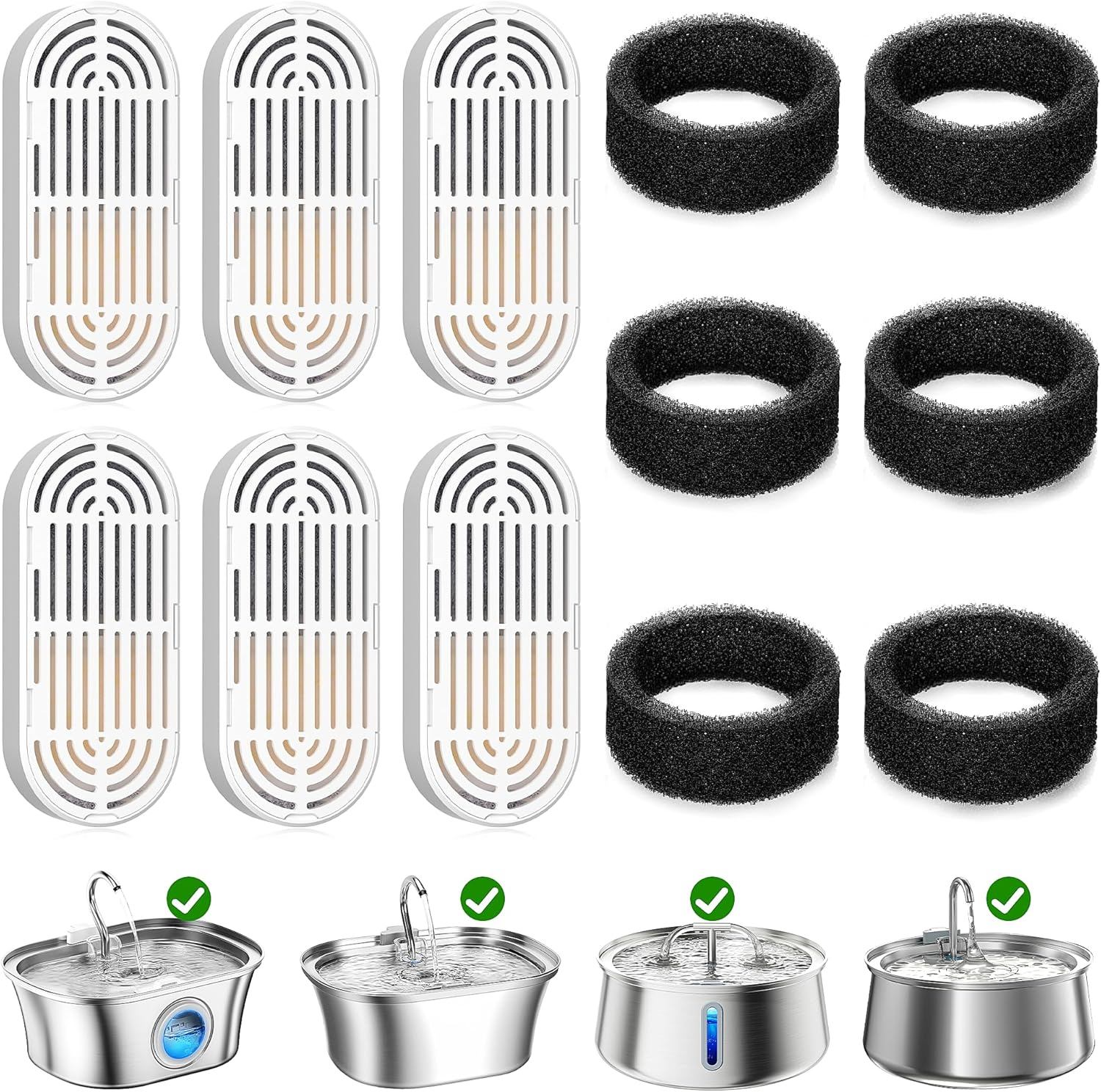 Cat Water Fountain Filters, 6 Pcs Cat Fountain Filters & 6 Pcs Foam Pre-Filter Replacement for 3.2L Cat Water Fountain Stainless Steel, Filters for Cat Drinking Fountain Pet Water Dspensers Water Bowl