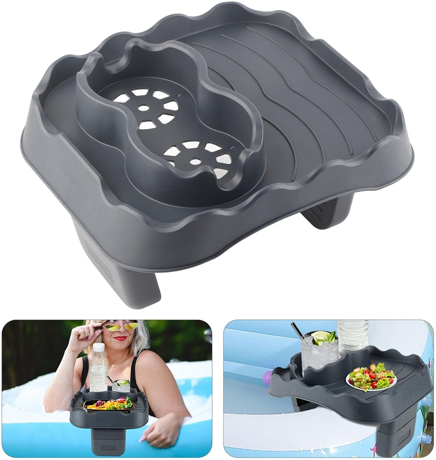 Hot Tub Table Tray, Hot Tub Side Table with Cup Holder and Drain, Adjustable Hot Tub Towel Holder, Nonslip Drink Caddy, Snack Tray for Bathtub, Spa, Outdoor, Patio (Grey)