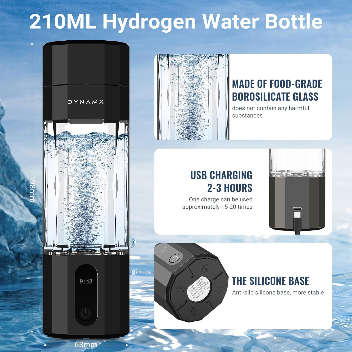 【6000PPB】 DYNAMX Hydrogen Water Bottle, Portable Hydrogen Generator, SPE/PEM Technology Hydrogenated Water Generator, Cutting-Edge Bottle,Black