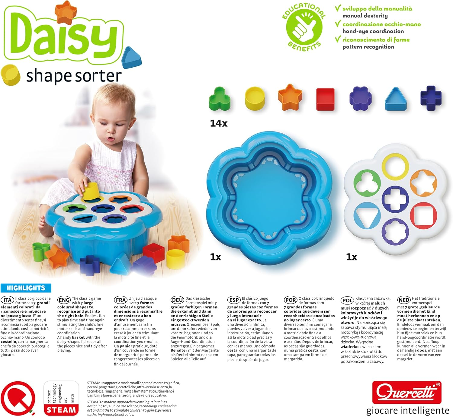 Quercetti Daisy Shape Sorter - Classic 16 Piece Shape and Color Sorting Toy (Made in Italy) image number 1
