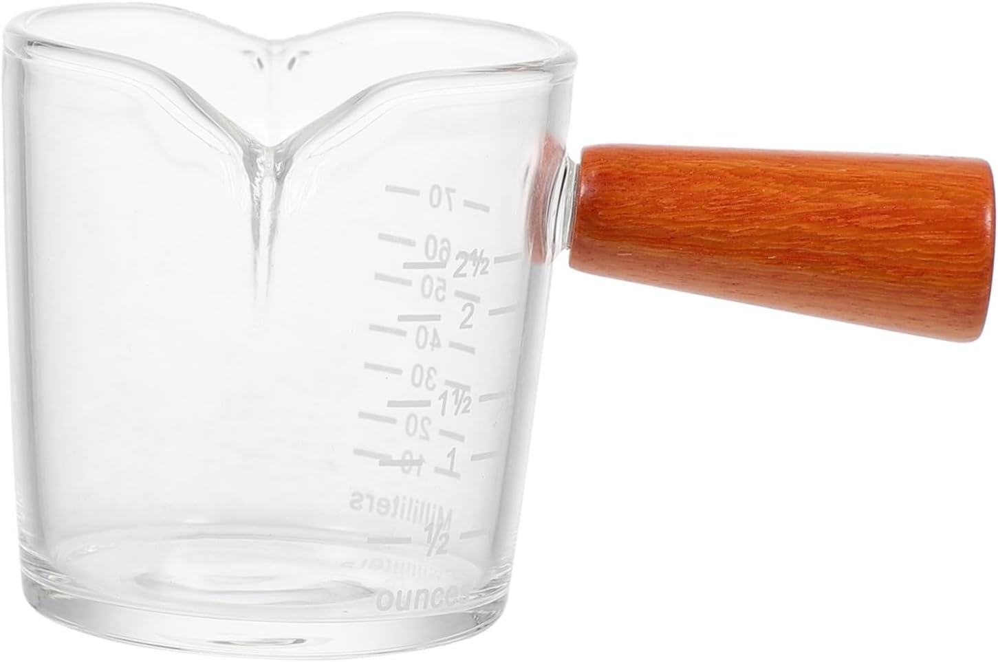EXAOMBLE Glass Milk Cup with Handle Double Mouth Measuring Cup Thick Glass Coffee Latte Art Pitcher for Home Bar Espresso Frothing and Milk Pouring, Wooden Handle Design image number 5
