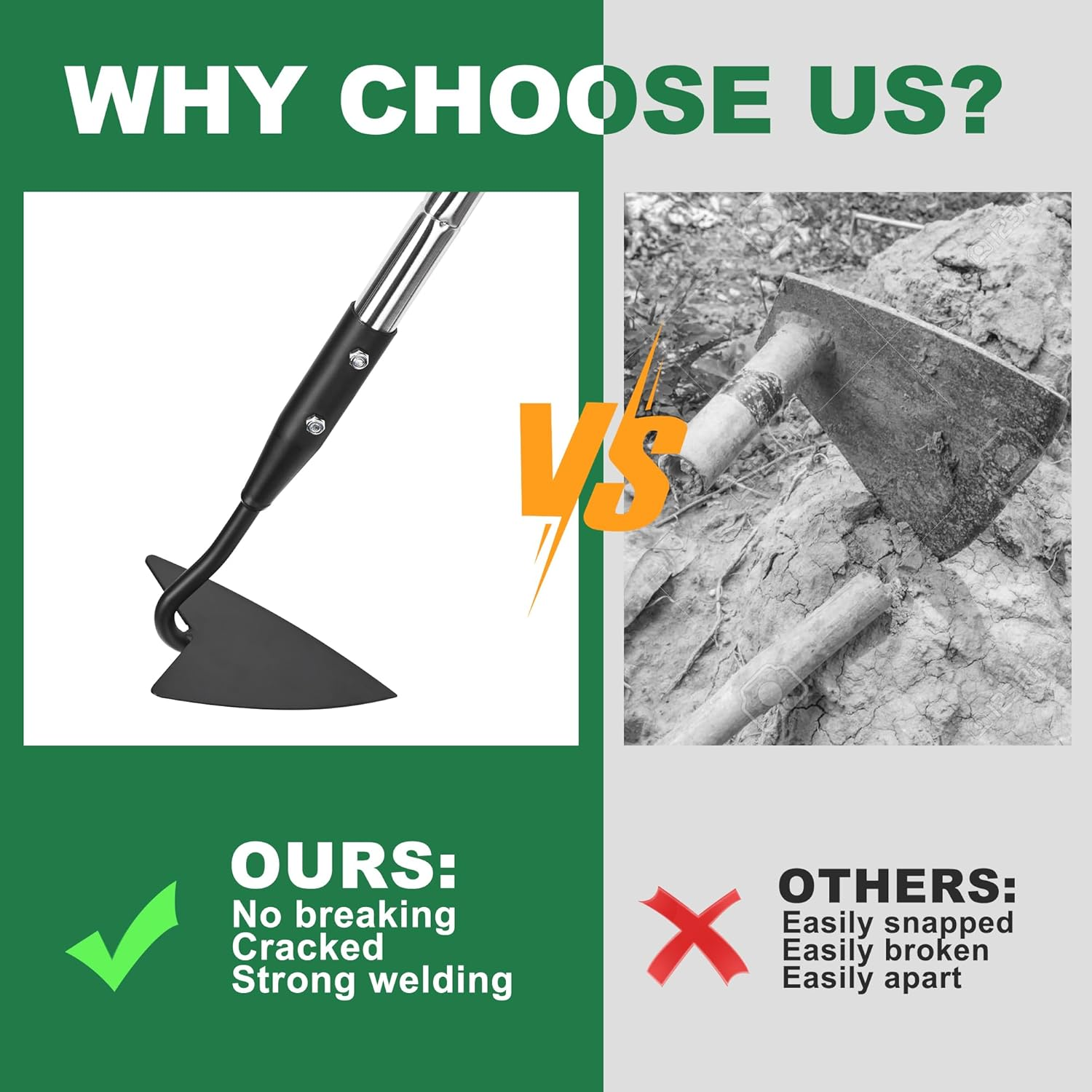 Warren Hoe, Carbon Steel Triangle Garden Hoe with Stainless Steel 57" Adjustable Long Handle, Heavy Duty Gardening Hand Tools Hoe for Ridging Weeding Digging Loosening Edging Soil, Balck image number 3