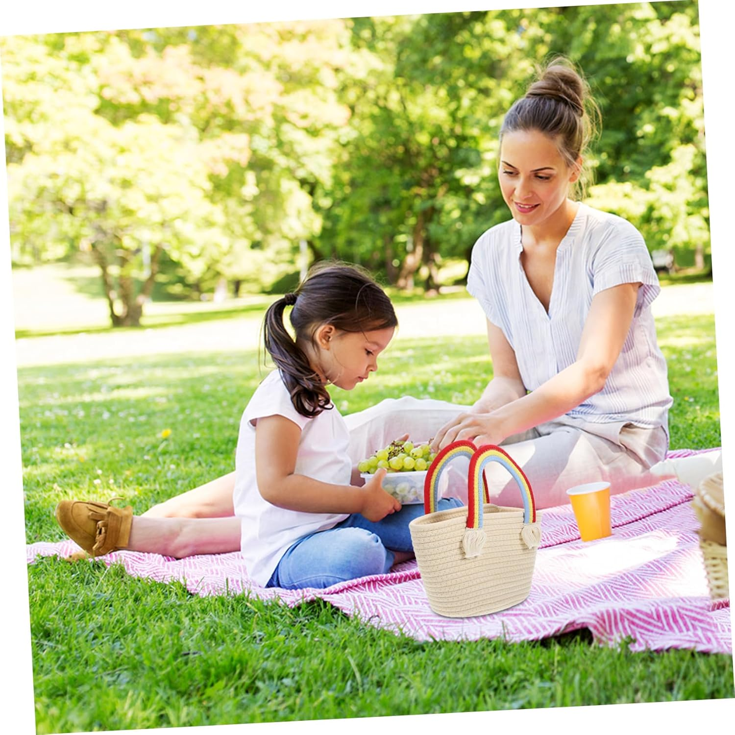 Unique Woven Basket Cotton Handbag for Women Vacation Beach Bag Basket image number 5