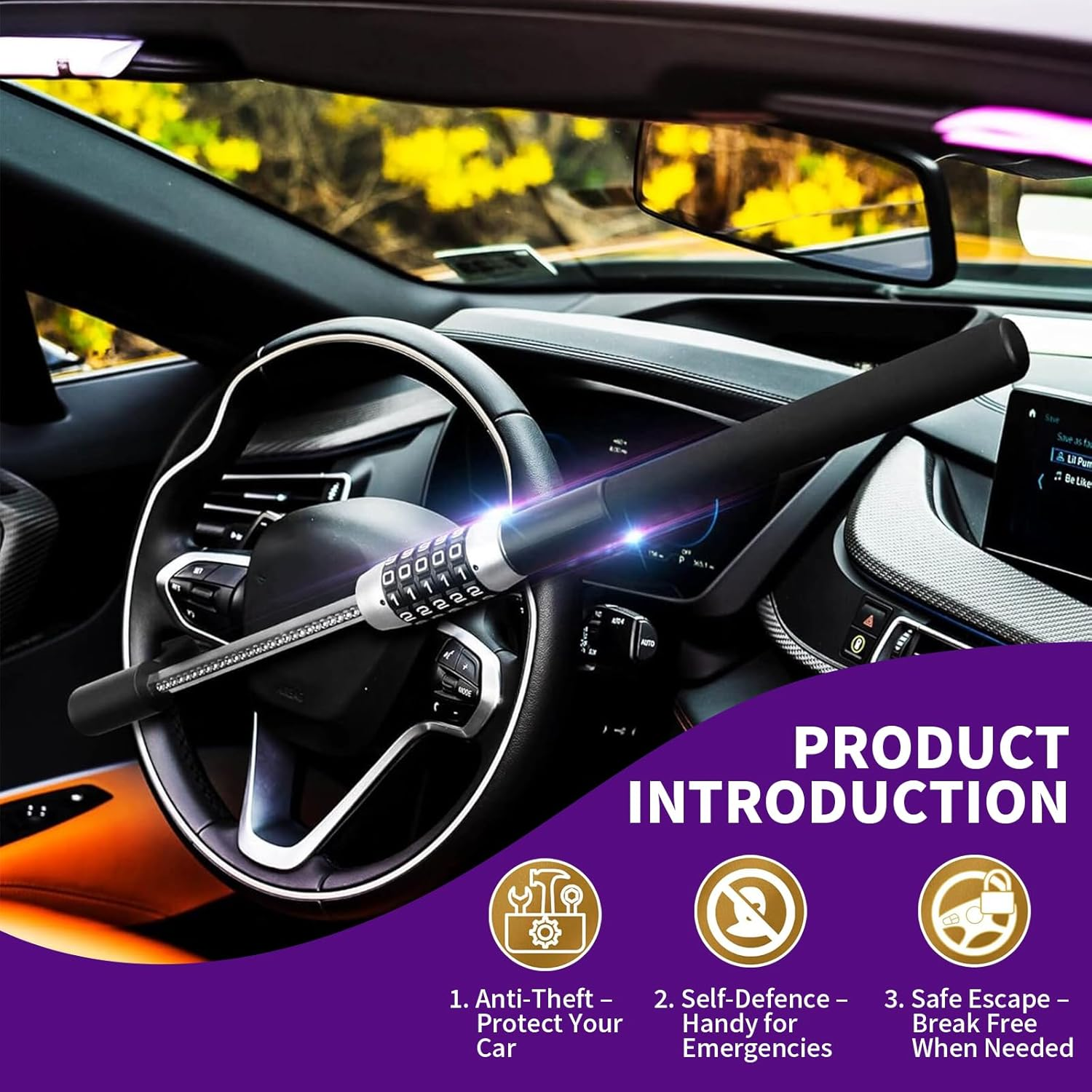 Steering Wheel Lock, Heavy Duty U-Shaped Car Anti-Theft Device with Adjustable Fit, Quick Install Security Lock for Cars, Suvs & Trucks (Black) image number 3