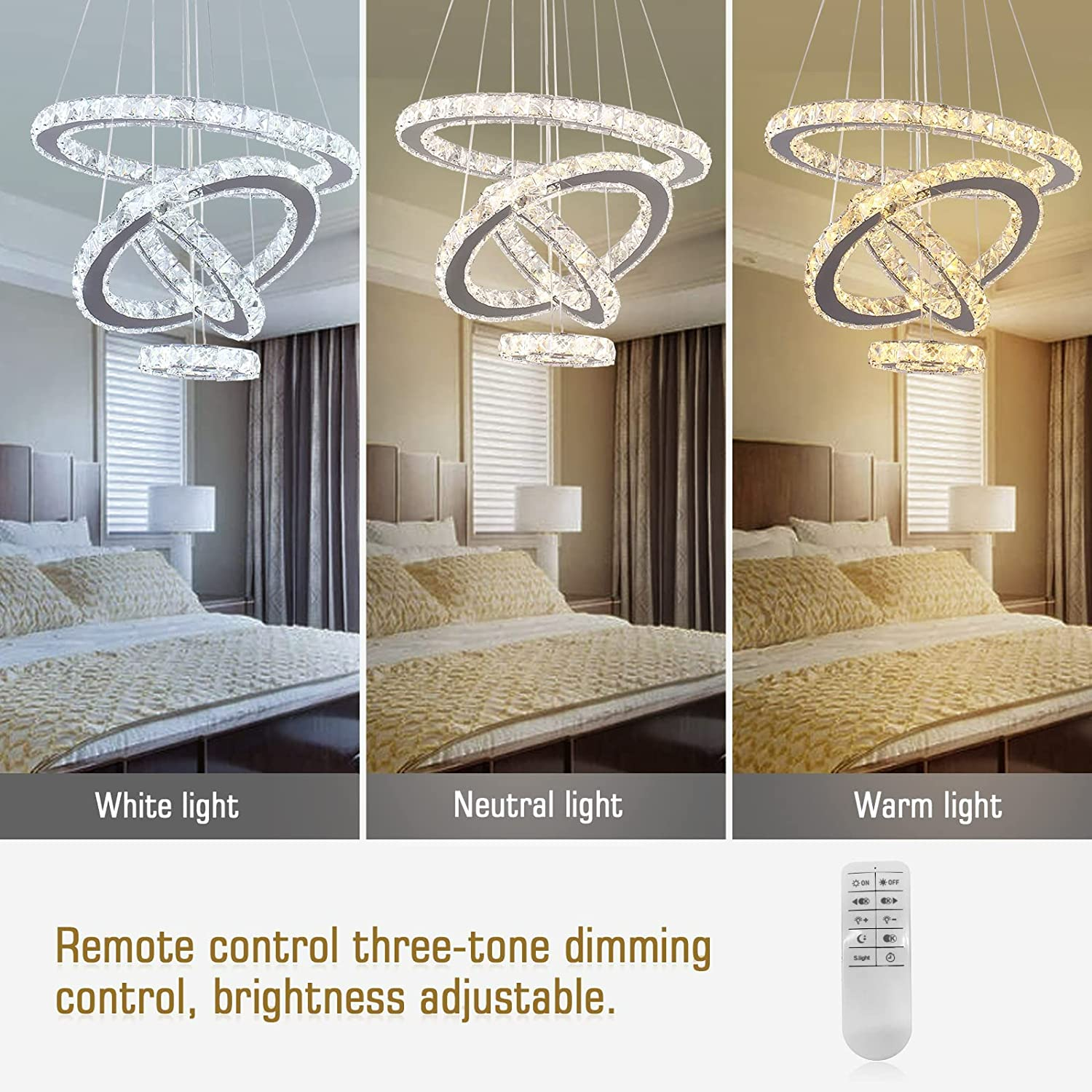 USOR LED Modern Crystal Chandeliers 3 Colors Dimmable Remote K9 Crystal Flush Mount Ceiling Light Fixture 4 Rings Pendant Light Fixture for Bedroom Living Room Dining Room Kitchen Entryway image number 3