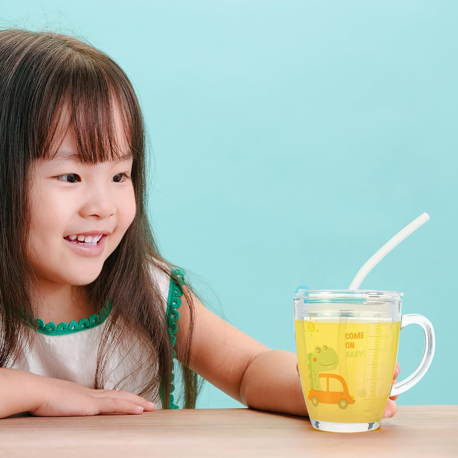 SEWACC Cartoon Sip Cup Glass Tumbler with Lid and Straw Kids Milk Juice Cup with Scale for Home Office Cafe Use