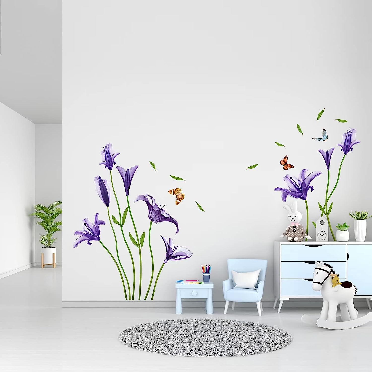 Amimagen Lily Flowers Wall Decals - Wildflower Grass Butterflies Floral Wall Stickers - Girls Bedroom Living Room Sofa TV Background Home Wall Decor image number 3