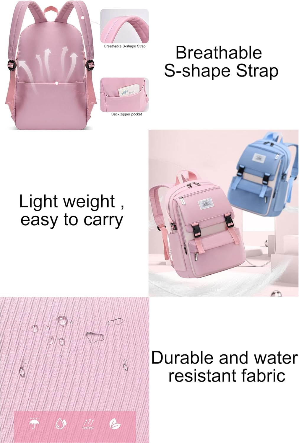 Sellerfun Teens Girls Backpack Primary Junior Middle School Bookbag Fit for 15.6 Inches Laptop - Light Pink image number 5