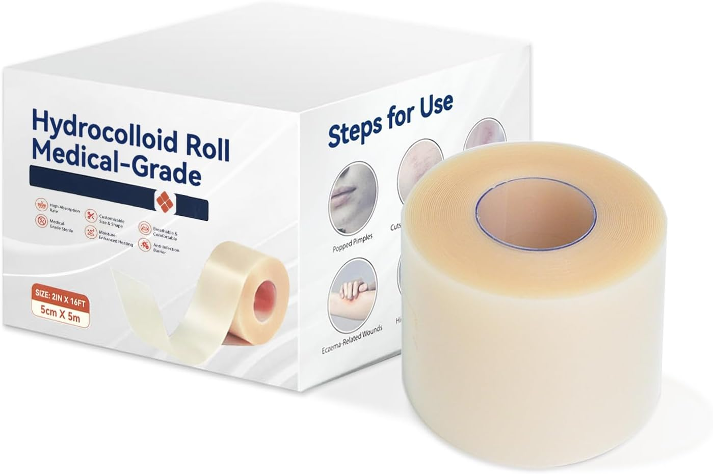 Hydrocolloid Roll 5Cm X 50Cm - Waterproof,Flexible Self-Adhesive Patches for Skin Care,Cut-To-Size Bandages, Highly Absorbent,Must-Have for First Aid Kits image number 2