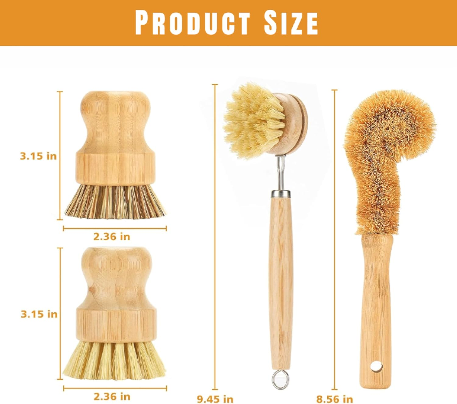 Bamboo Dish Brushes Sets 4 Tools in One Kitchen Clean Dish Scrubber for Pots Pans Bottles with Natural Bristles (Bamboo Brushes Sets) image number 2