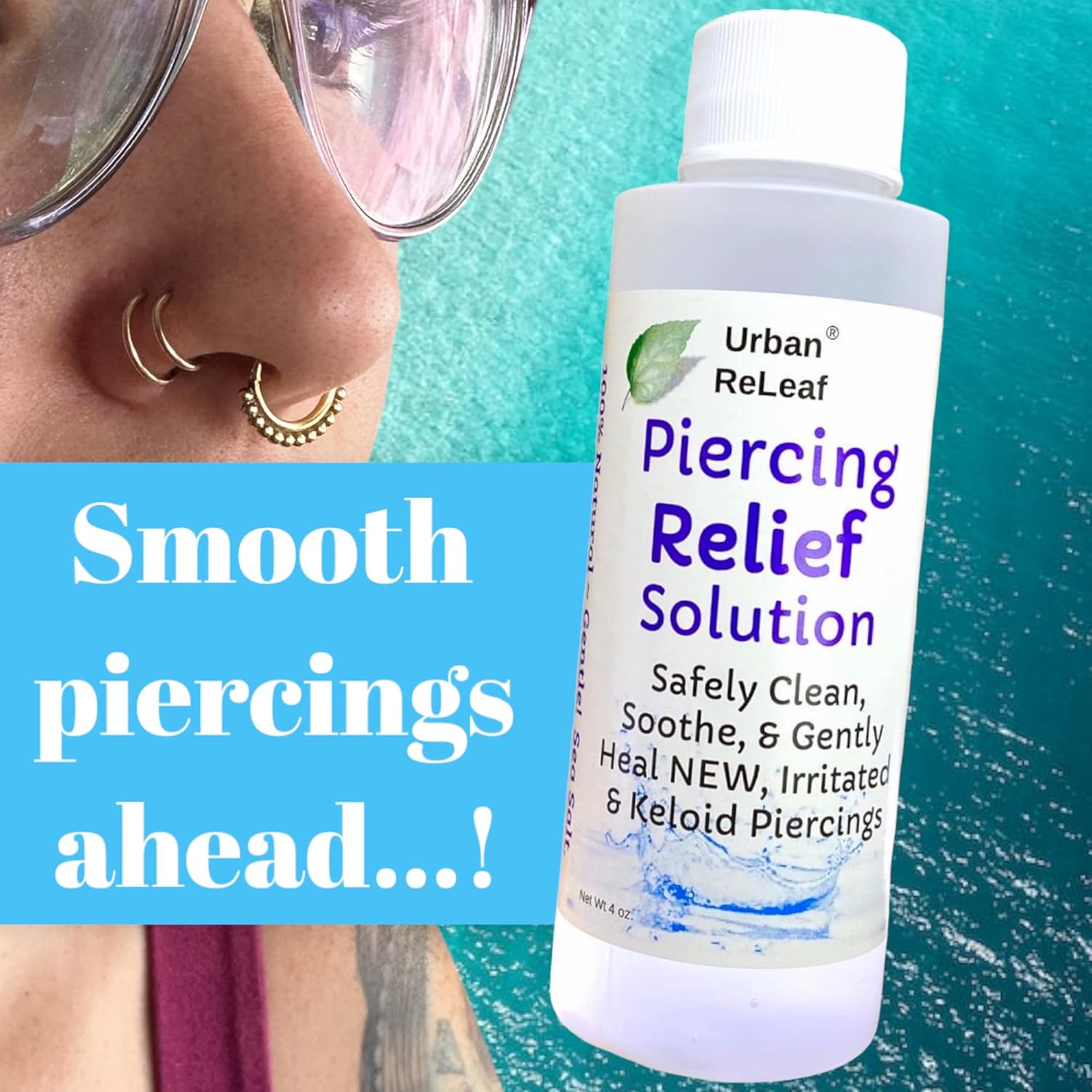 Urban Releaf Piercing Relief Solution ! Safely Clean, Soothe & Gently Heal New, Irritated and Keloid Piercings. 100% Natural Sea Salt, Tea Tree, Rosemary image number 6