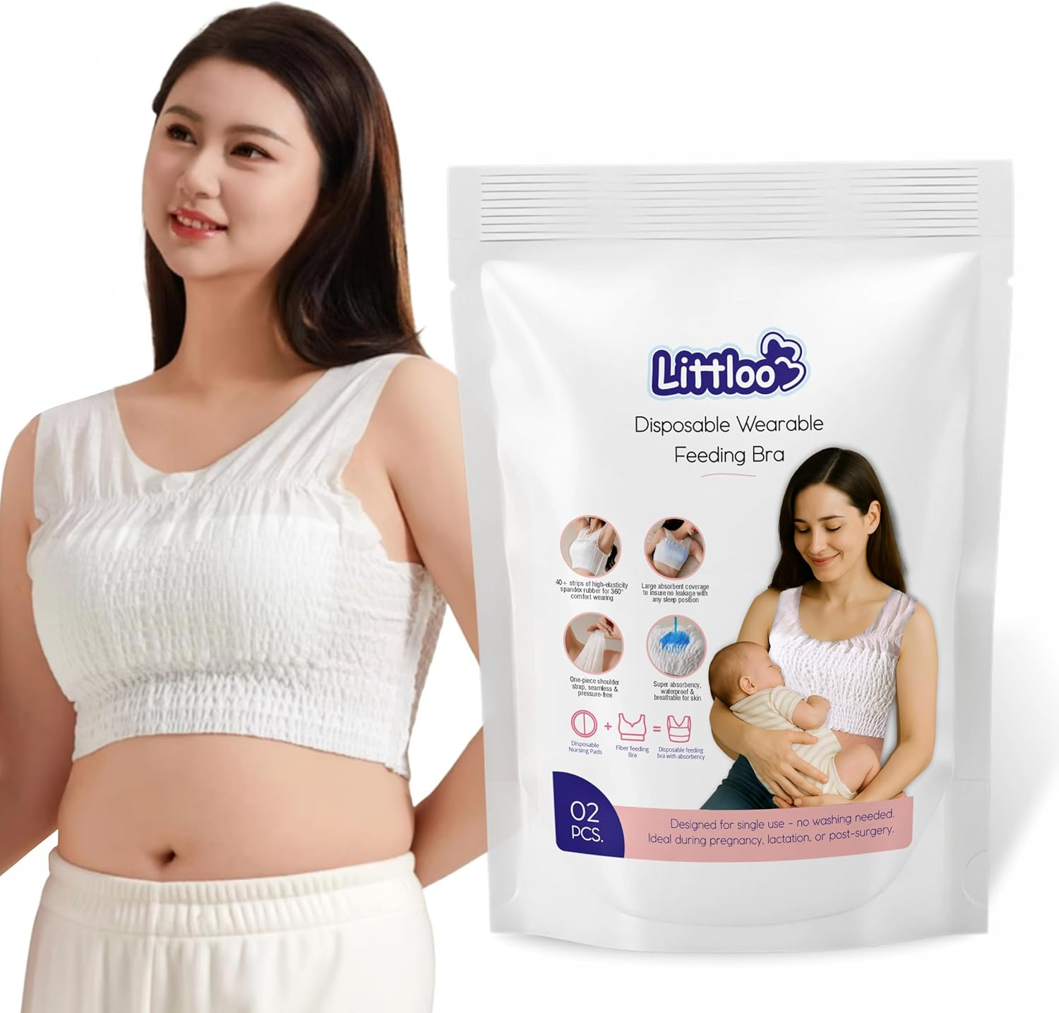 LITTLOO Disposable Wearable Feeding Bra | Super Absorbent & Breathable | One-Piece, Pressure-Free, Elastic Fit for Nursing Mothers &ndash; 2 Pcs White image number 2