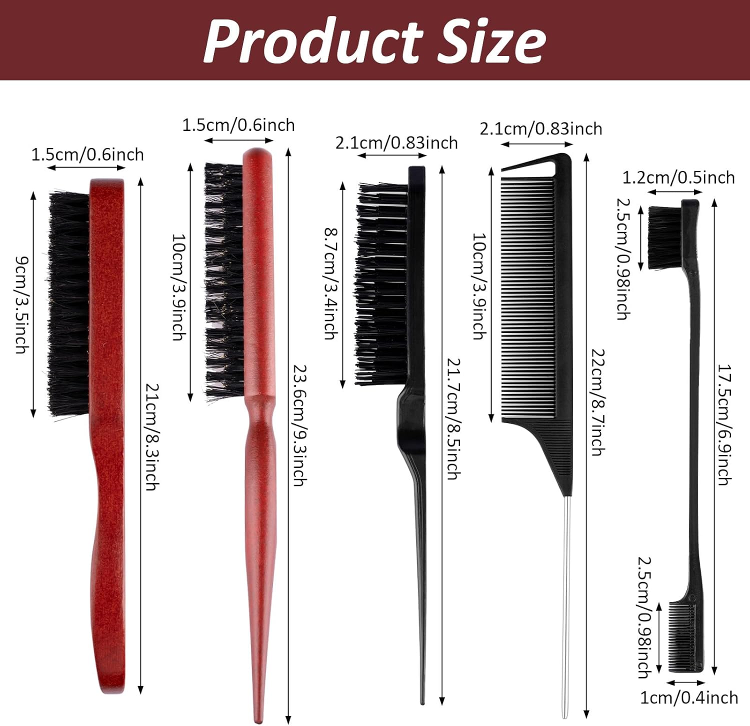 5 Pcs Boar Bristle Brush Set,Pulled Tail Brush,Natural Boar Bristles with Wooden Handle,Sleek Styling Hair Brush,Reduce Breaking,Anti-Static Brush for Men and Women image number 3