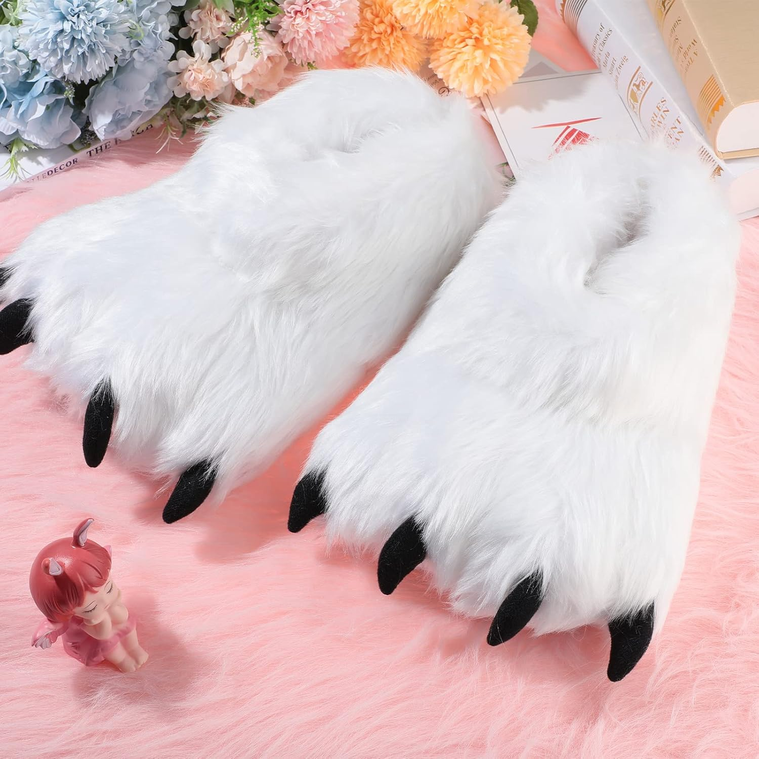 Winter Animal Paw Shoes Funny Fluffy Bear Slippers Plush Bear Shape Paw Claw Non Slip Slippers Unisex Cute Costume House Shoes for Christmas Birthday Party Cosplay, Women 6.5-8.5, Men 6-7, Black and White image number 4