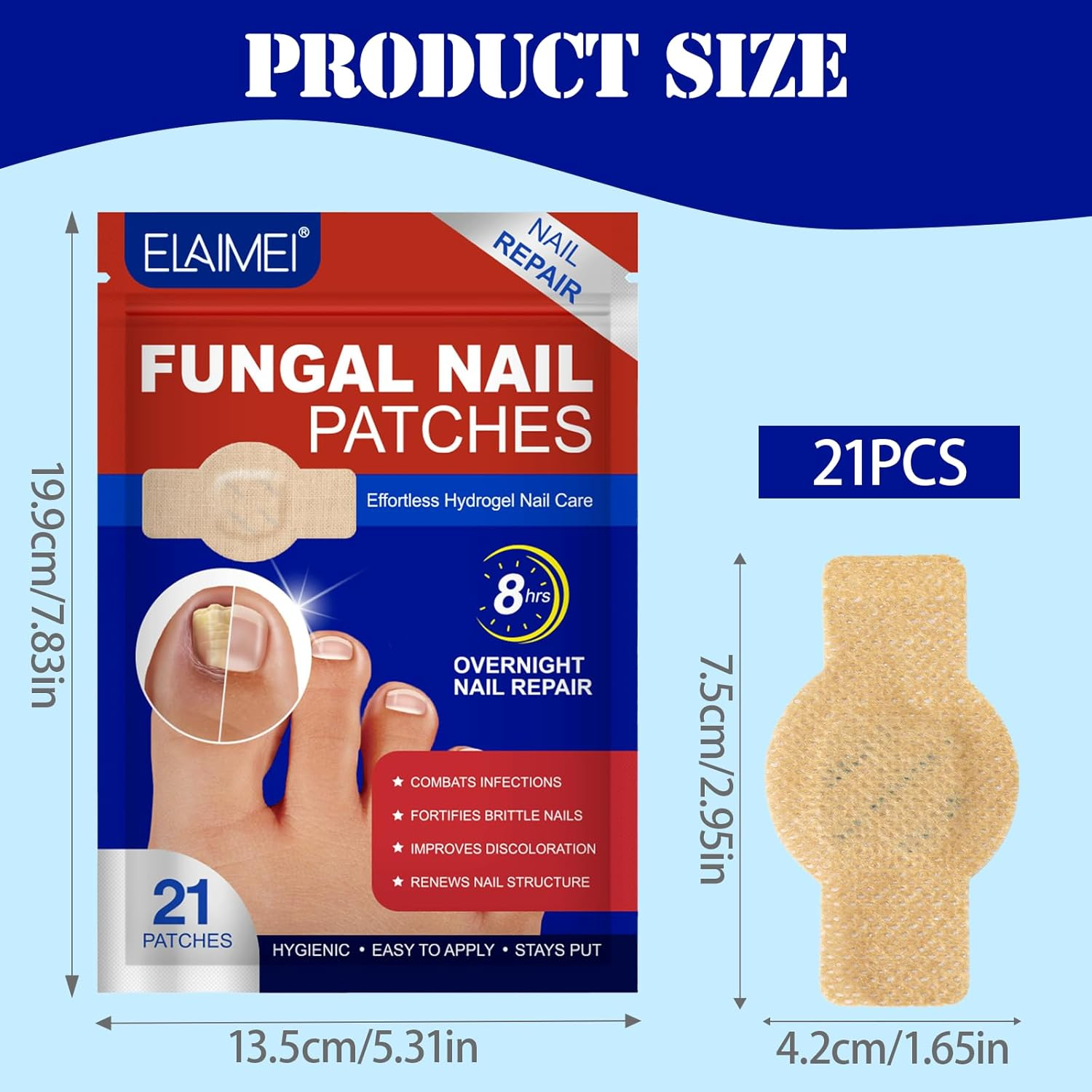 21PCS Fungal Nail Patches, Toenail Fungus Care, Nail Repair for Damaged Nails, Nighttime 8-Hour Nail Support for Damaged & Discoloured Toenails (A) image number 1
