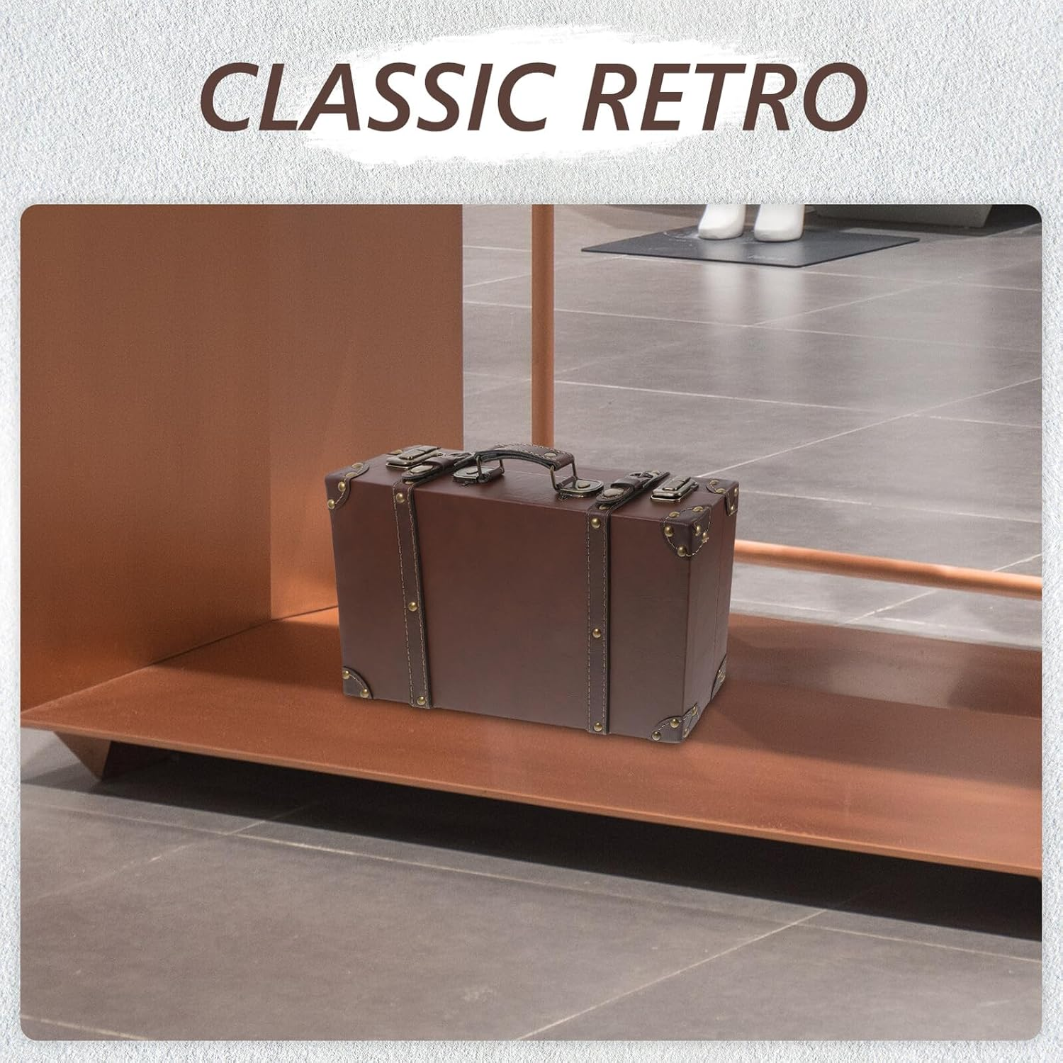 TEHAUX Retro Leather Suitcase Trunk with Comfortable Handle Vintage British Style Decorative Storage Box for Boutique Display Photo Shoots and Store Window Props image number 2