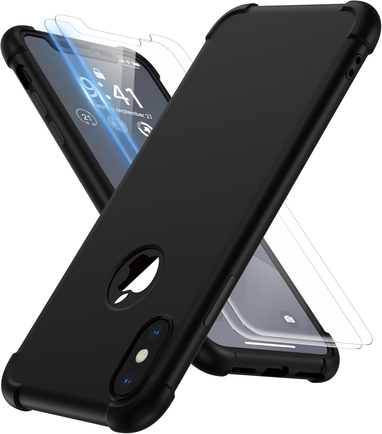 ORETECH Compatible with Iphone X Case Iphone Xs Case with [2 X Tempered Glass Screen Protector] 360&deg;Full Body Shockproof Case Ultra Thin Hard PC Silicone Case Cover for Iphone X/XS 5.8'' - Black