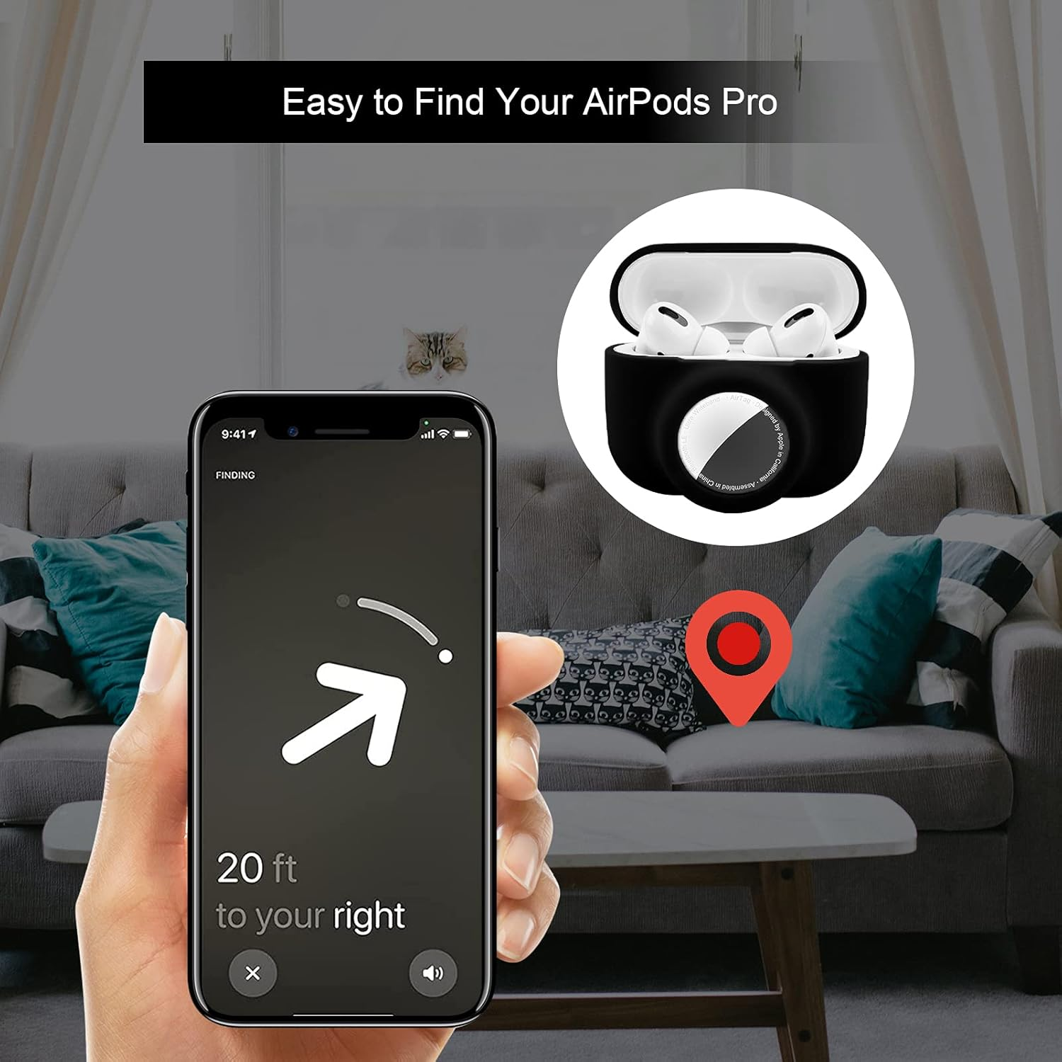 2 in 1 Protective Case for Apple Airpods Pro Air Tag Holder Combo, Soft Silicone Airpods Pro Airtag Case with 2 PCS Screen Protector, Anti-Scratch Anti-Fall Anti-Lost Shockproof Durable(Black) image number 6